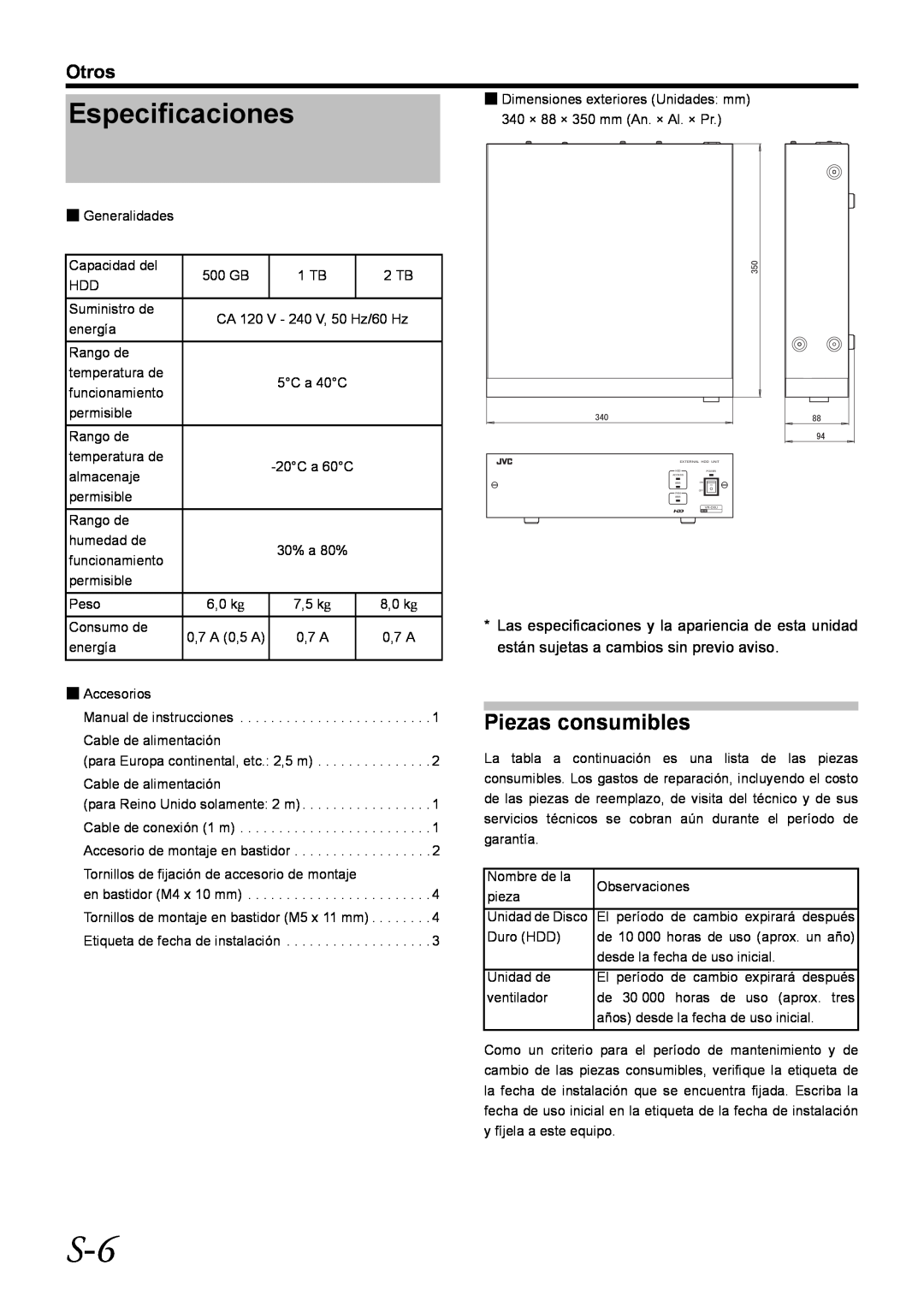 JVC VR-D0U manual Especificaciones, Piezas consumibles, Otros 