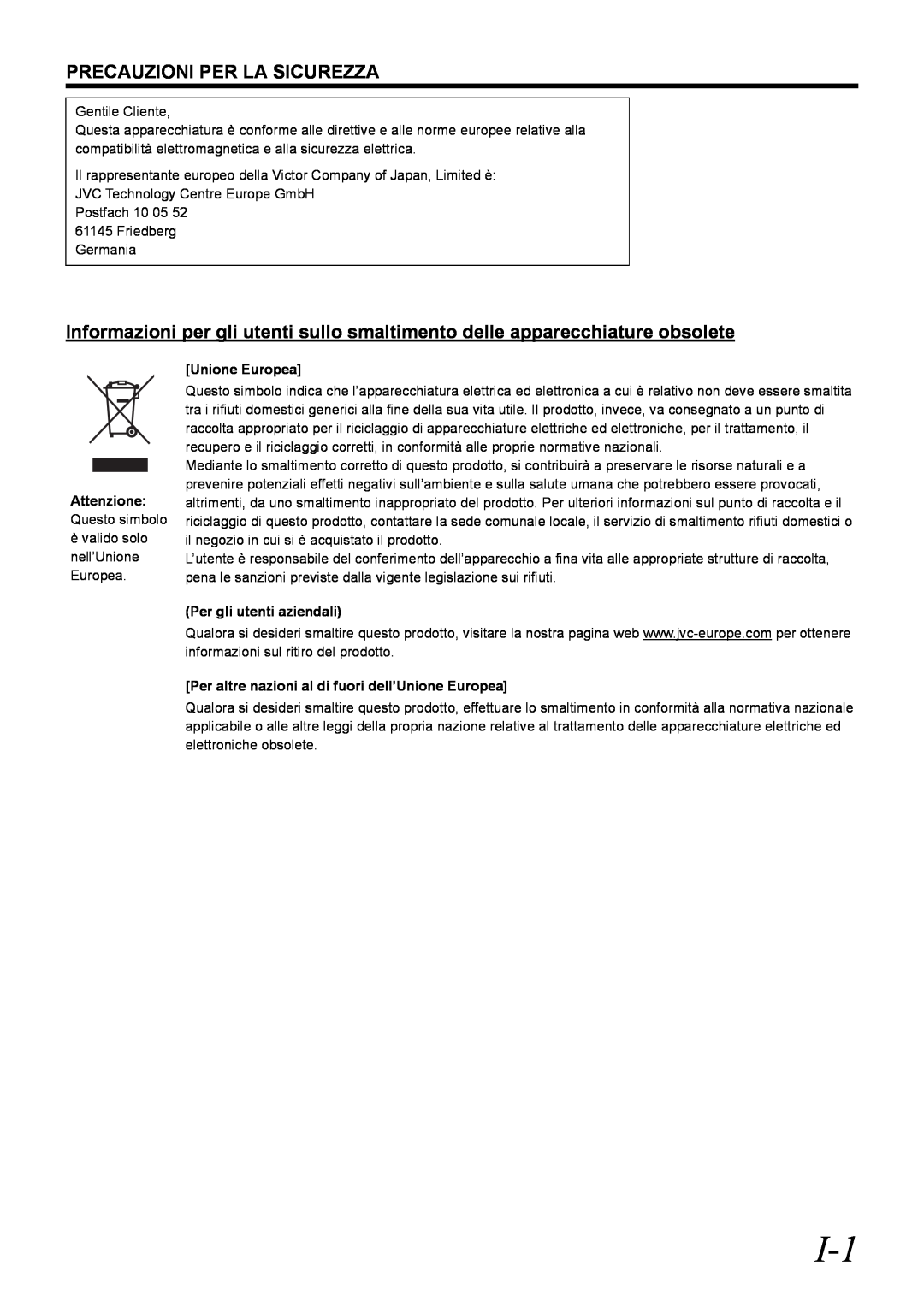 JVC VR-D0U manual Precauzioni Per La Sicurezza, Unione Europea, Per gli utenti aziendali 