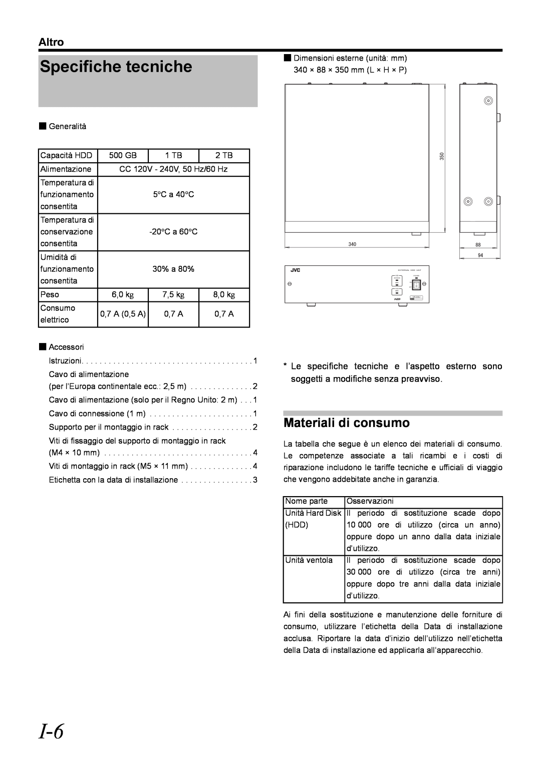 JVC VR-D0U manual Specifiche tecniche, Materiali di consumo, Altro 