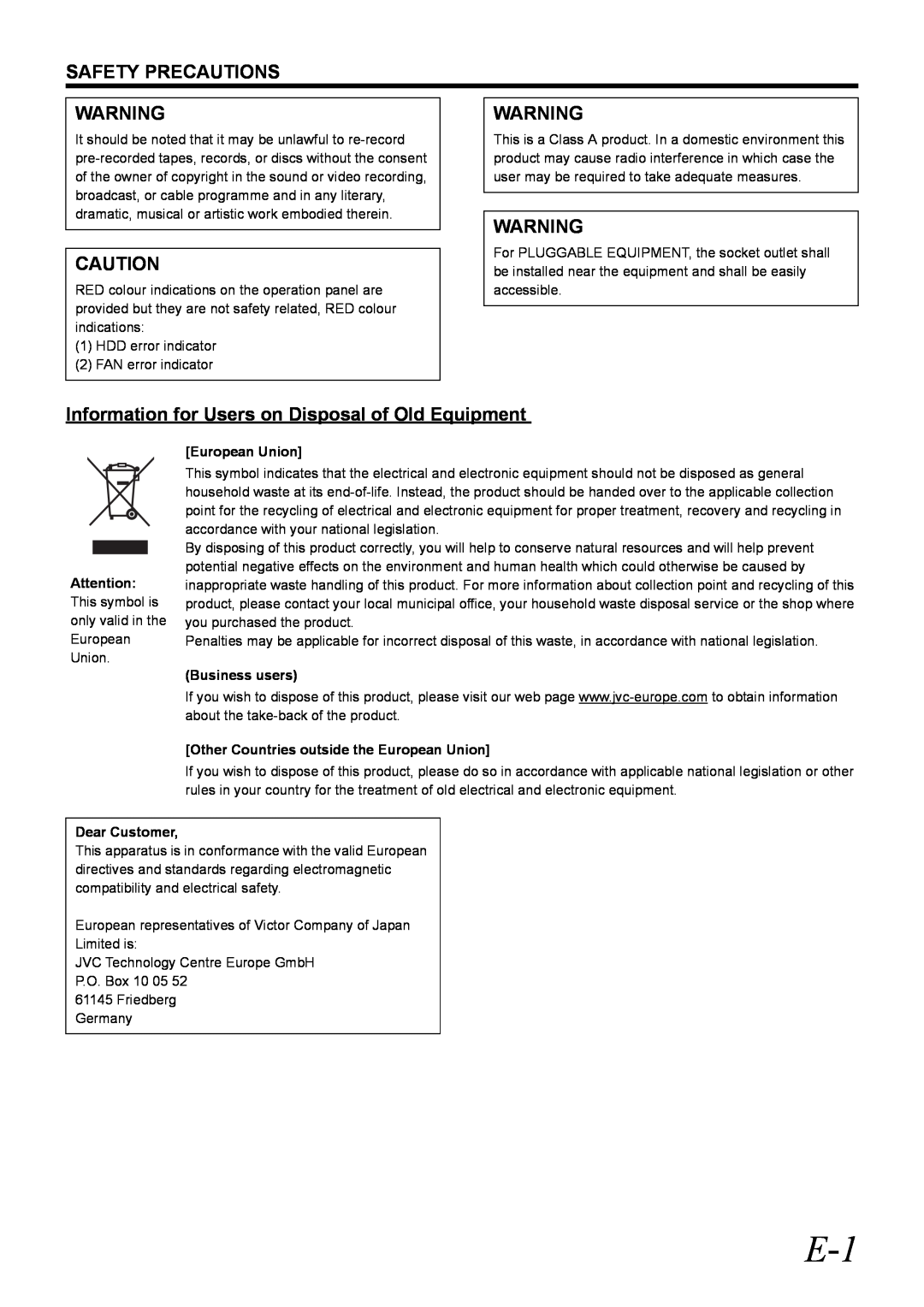 JVC VR-D0U manual Information for Users on Disposal of Old Equipment, Safety Precautions, European Union, Business users 