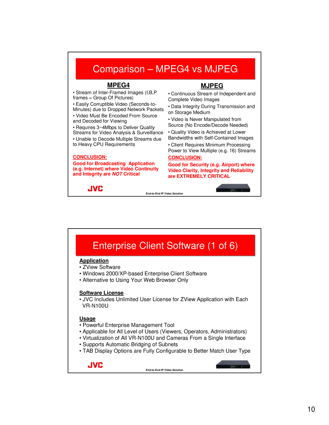 JVC VR-N100U manual Comparison MPEG4 vs Mjpeg, Enterprise Client Software 1, Application, Software License, Usage 