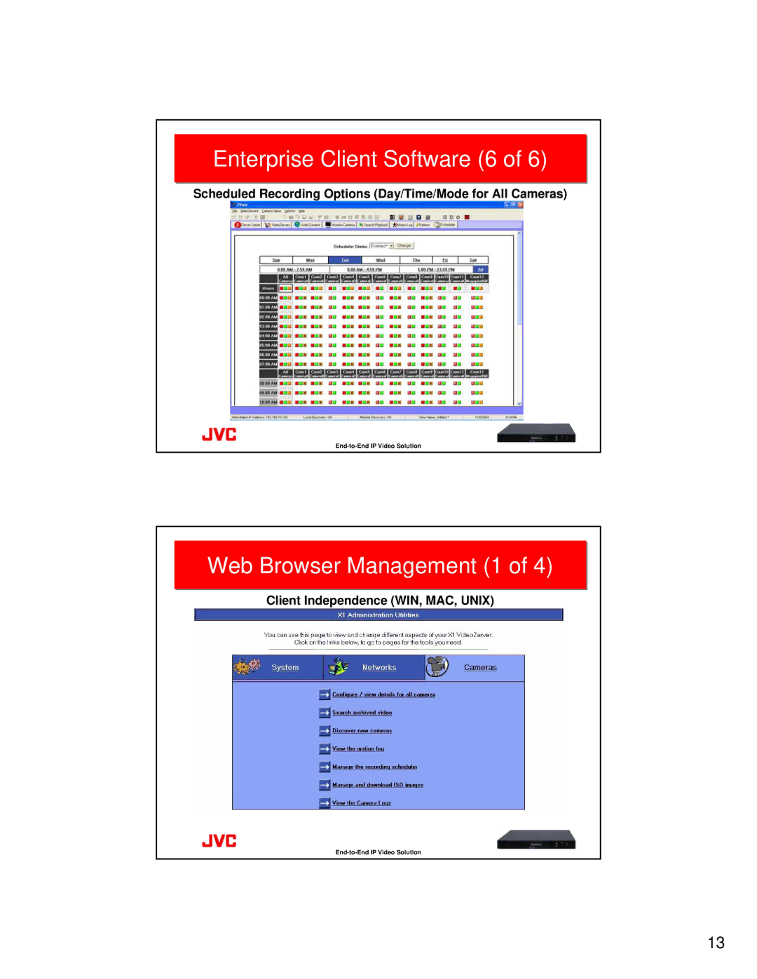 JVC VR-N100U manual Enterprise Client Software 6, Web Browser Management 1, Client Independence WIN, MAC, Unix 
