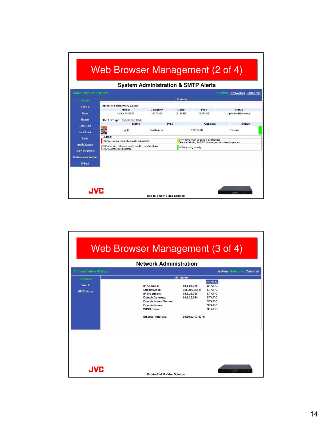 JVC VR-N100U manual Web Browser Management 2, Web Browser Management 3, System Administration & Smtp Alerts 