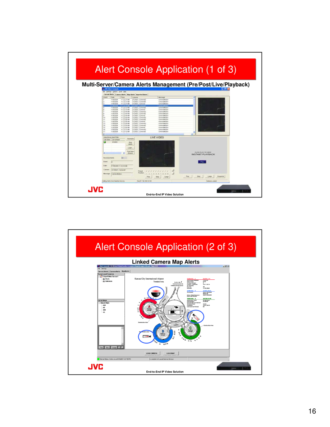 JVC VR-N100U manual Alert Console Application 1, Alert Console Application 2, Linked Camera Map Alerts 