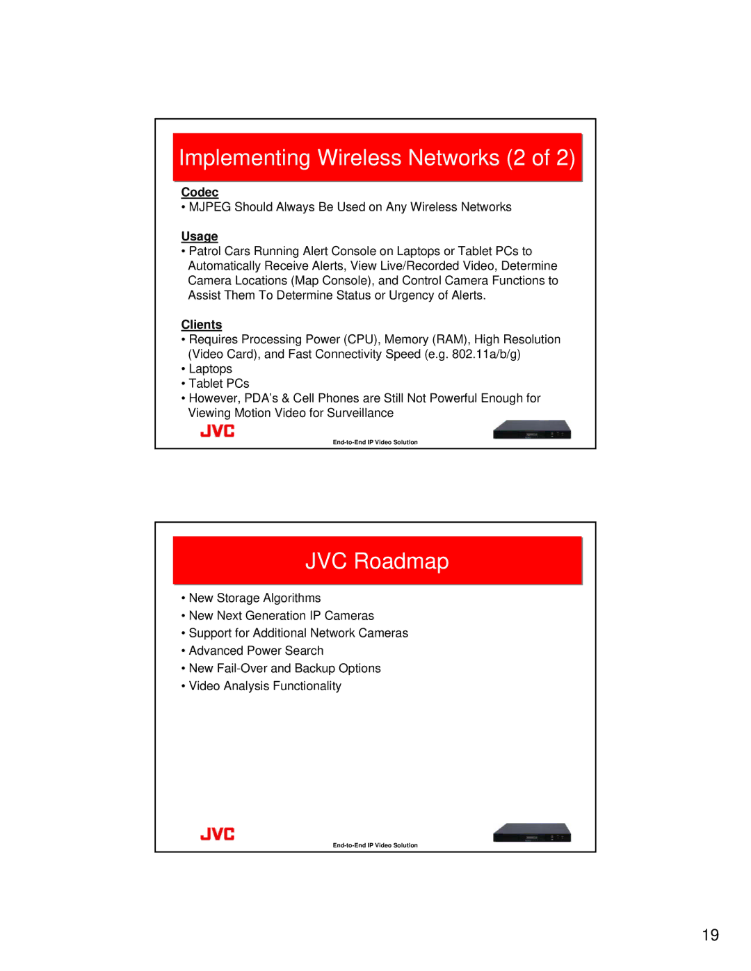 JVC VR-N100U manual Implementing Wireless Networks 2, JVC Roadmap, Codec, Clients 