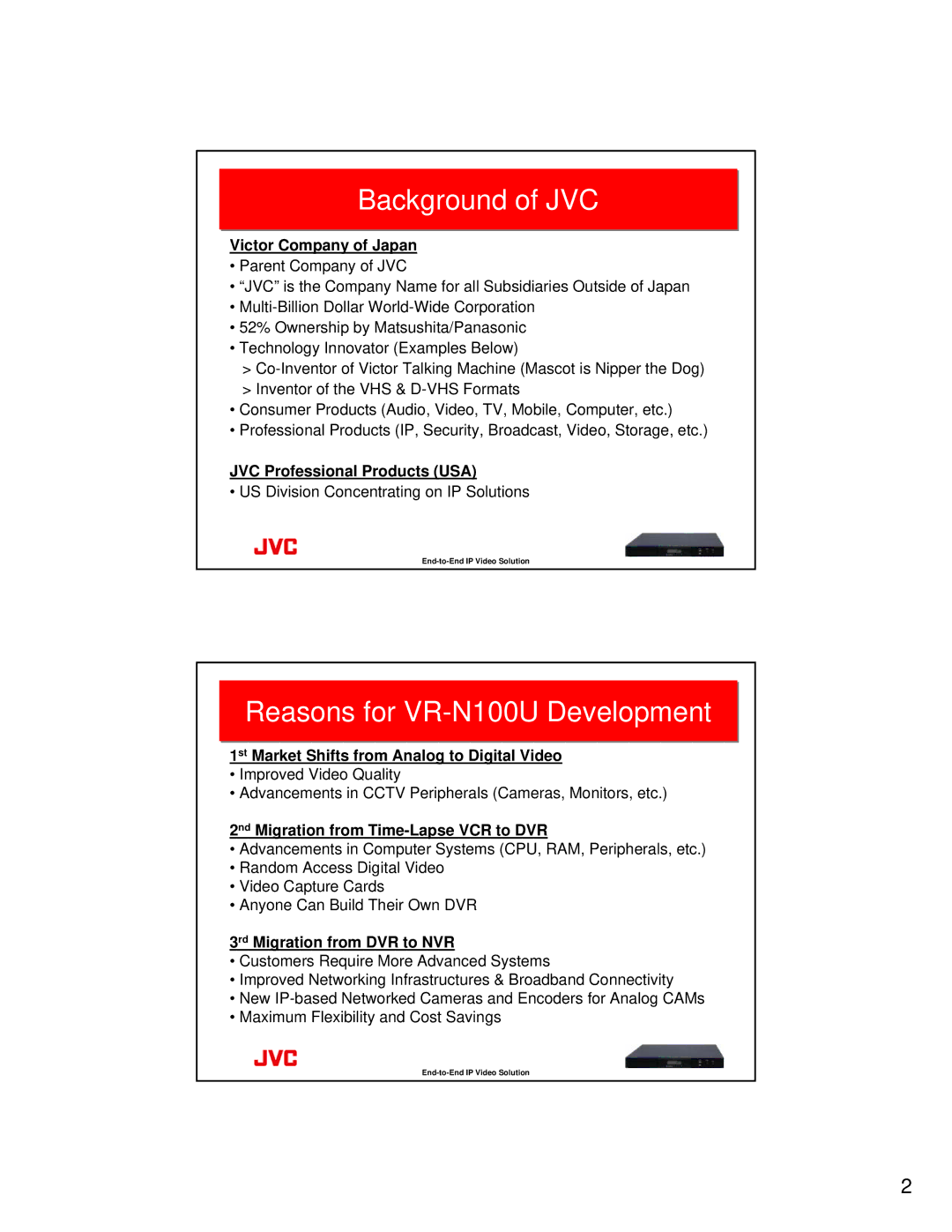 JVC manual Background of JVC, Reasons for VR-N100U Development 