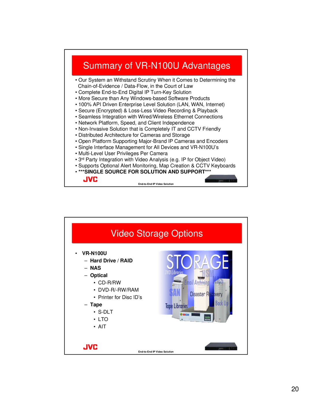 JVC manual Summary of VR-N100U Advantages, Video Storage Options, VR-N100U Hard Drive / RAID, Optical, Tape 