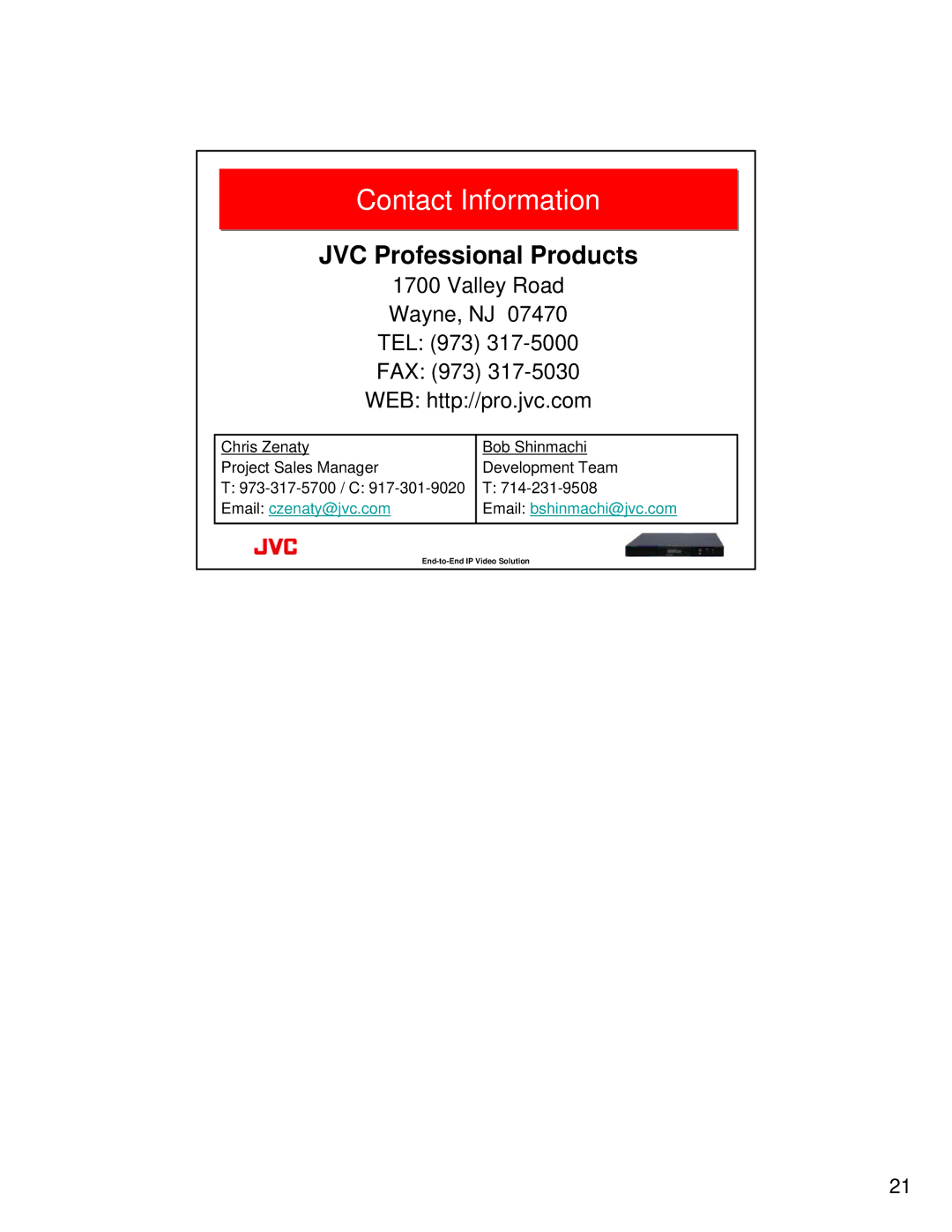 JVC VR-N100U manual Contact Information, JVC Professional Products 