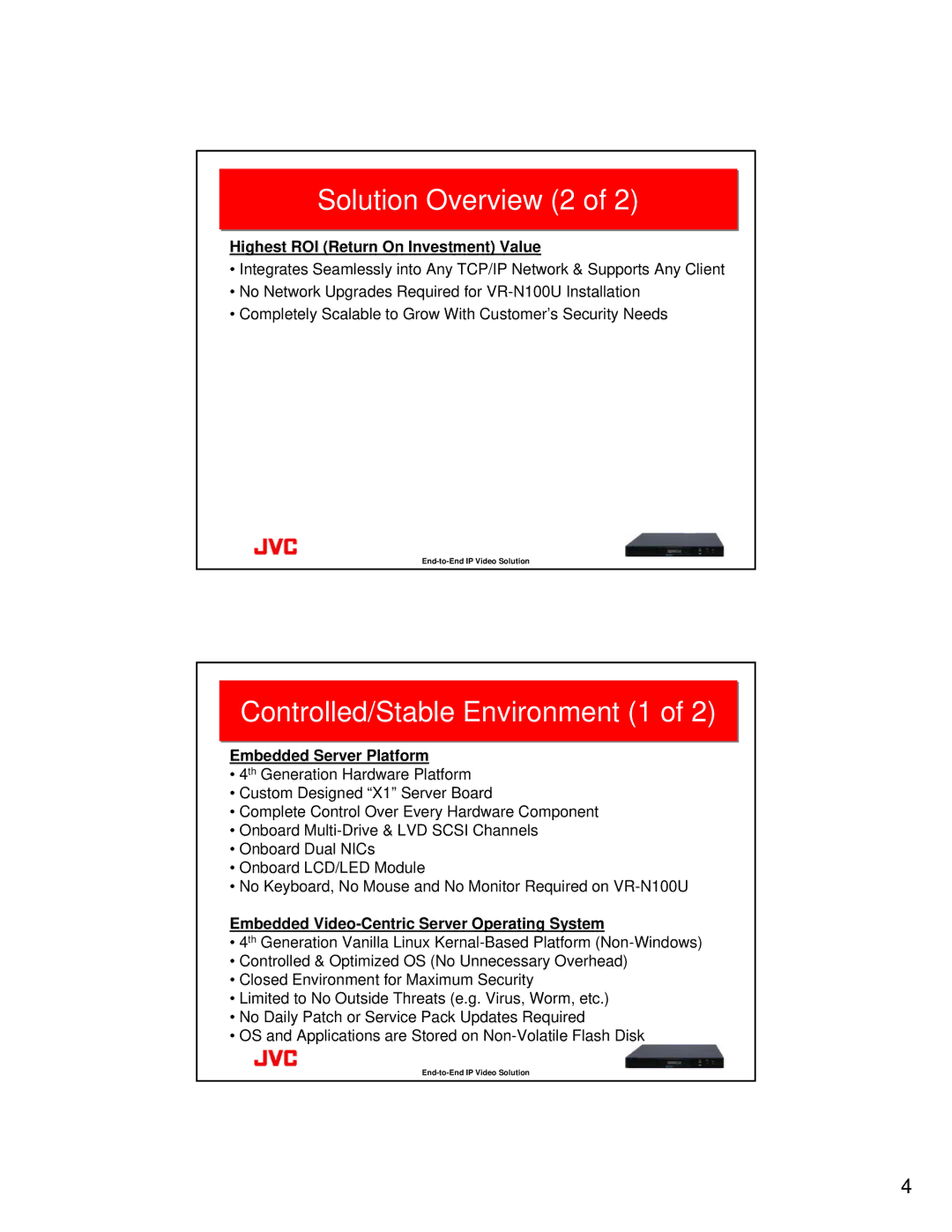 JVC VR-N100U manual Solution Overview 2, Controlled/Stable Environment 1, Highest ROI Return On Investment Value 