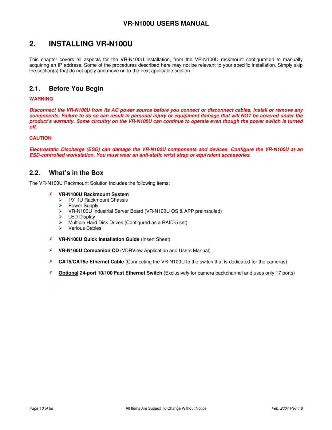 JVC user manual Installing VR-N100U, Before You Begin, What’s in the Box, VR-N100U Rackmount System 