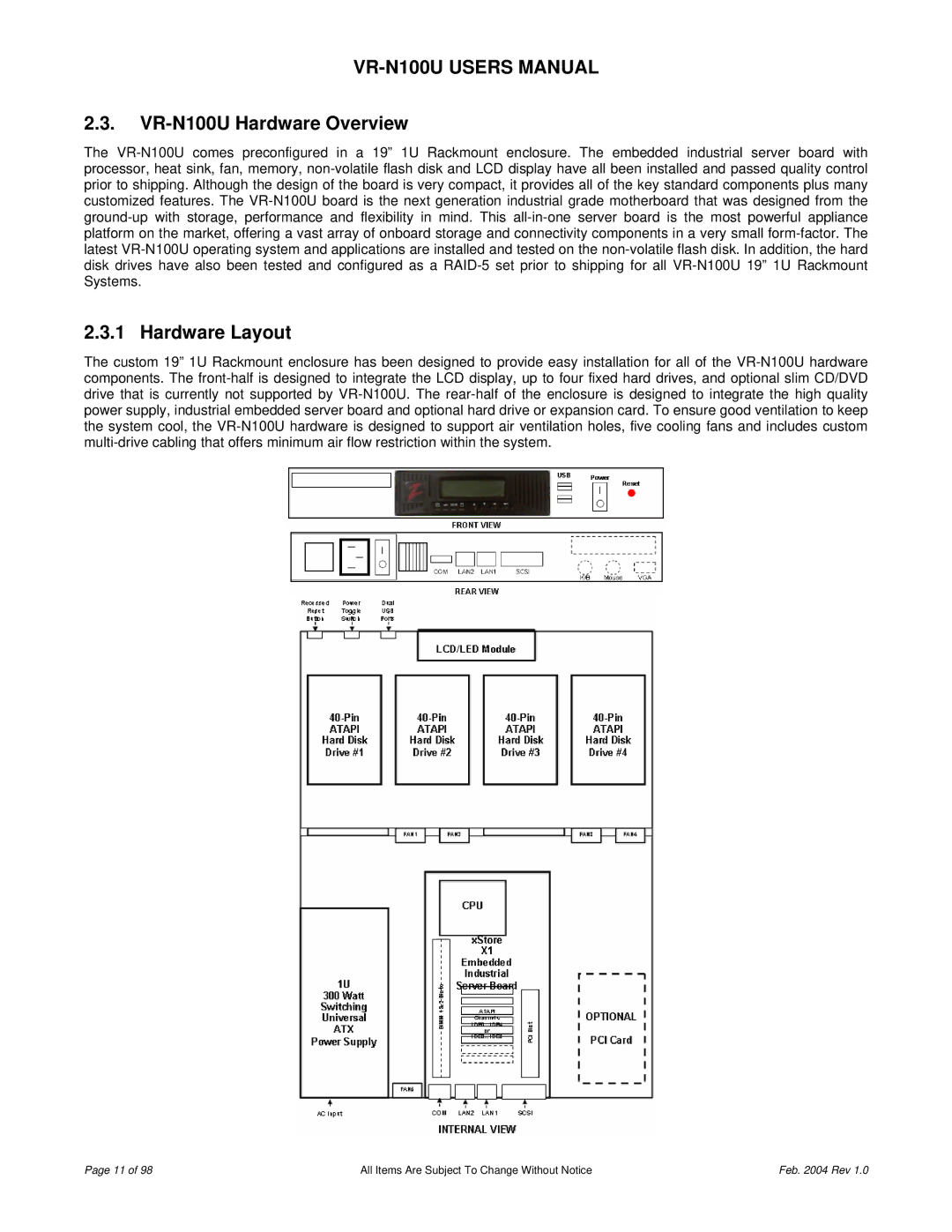 JVC user manual VR-N100U Hardware Overview, Hardware Layout 