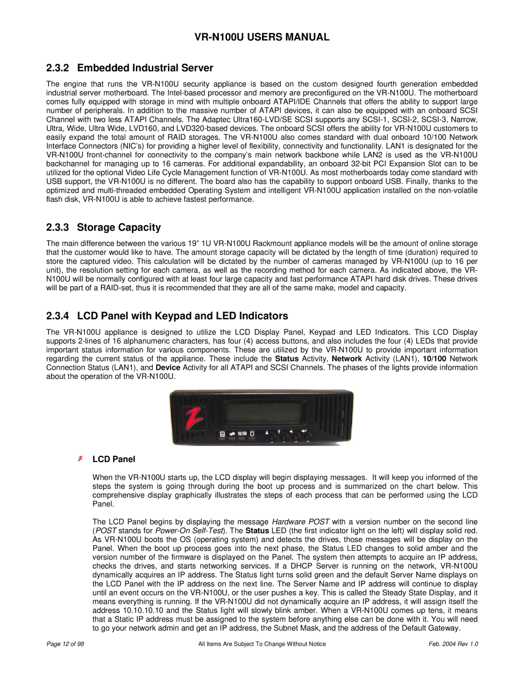 JVC VR-N100U user manual Embedded Industrial Server, Storage Capacity, LCD Panel with Keypad and LED Indicators 