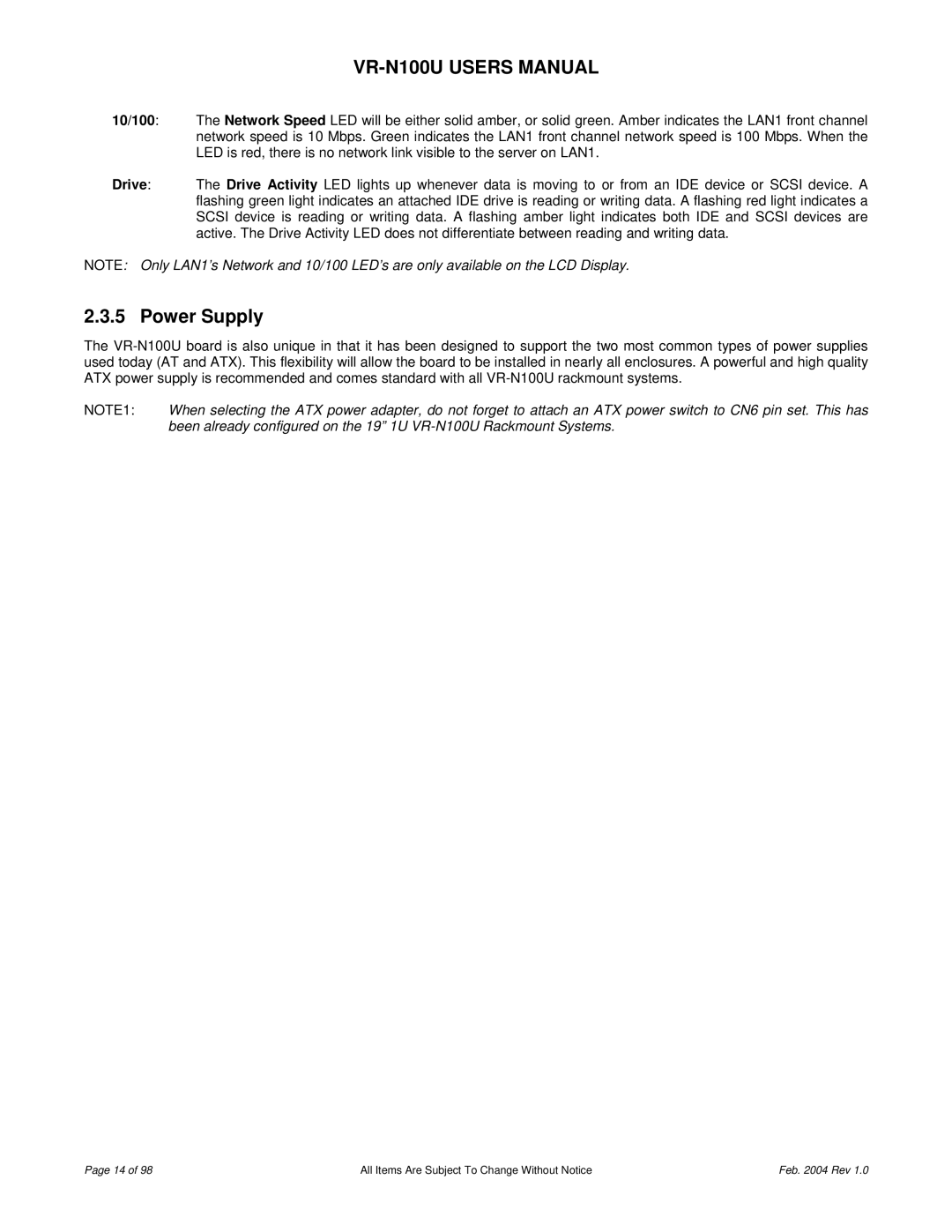 JVC VR-N100U user manual Power Supply 