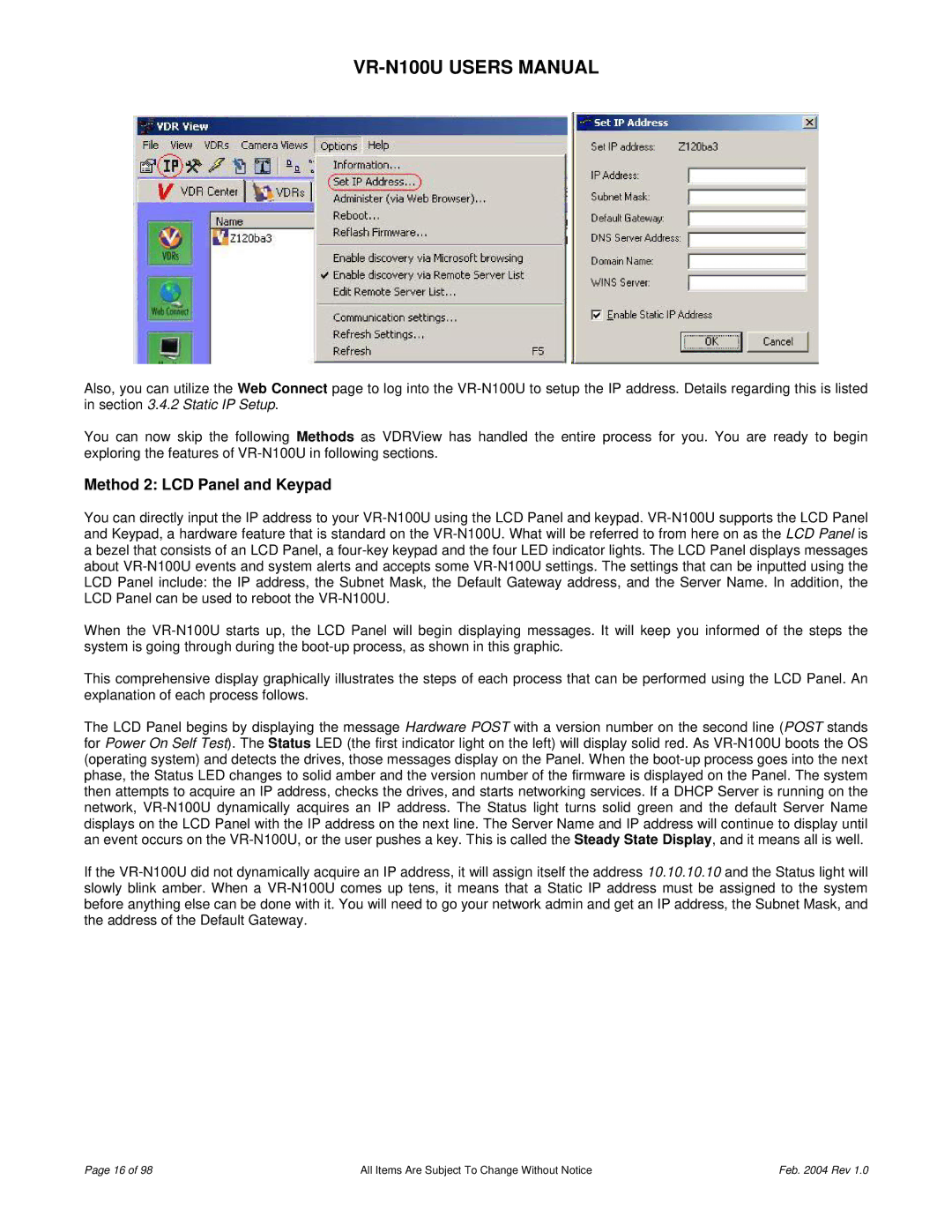 JVC VR-N100U user manual Method 2 LCD Panel and Keypad 