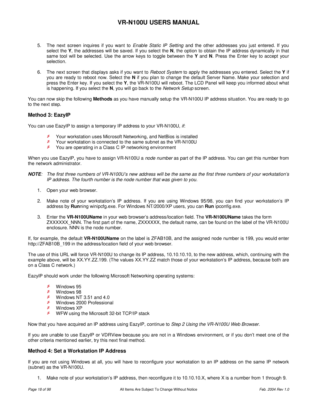 JVC VR-N100U user manual Method 3 EazyIP, Method 4 Set a Workstation IP Address 