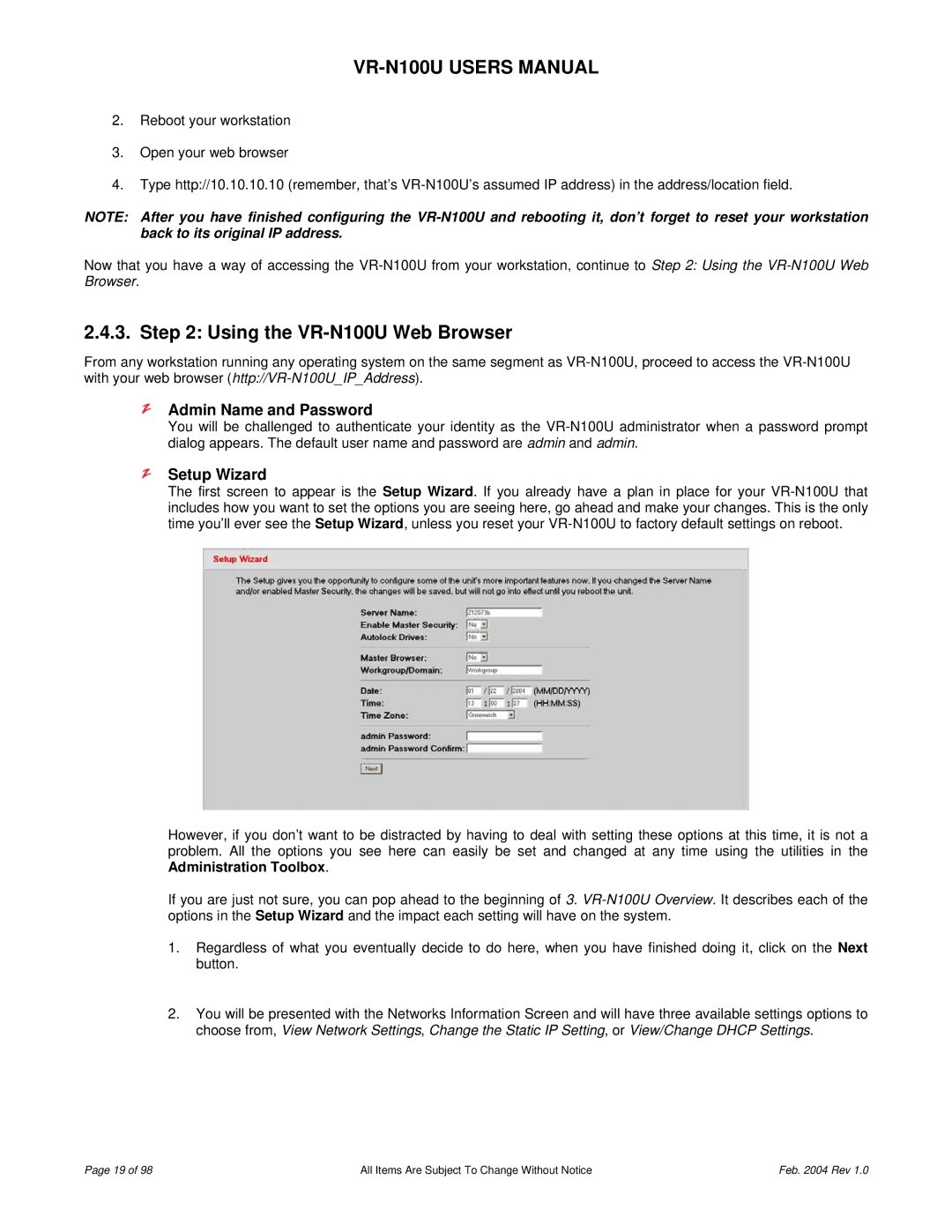 JVC user manual Using the VR-N100U Web Browser, Admin Name and Password, Setup Wizard 