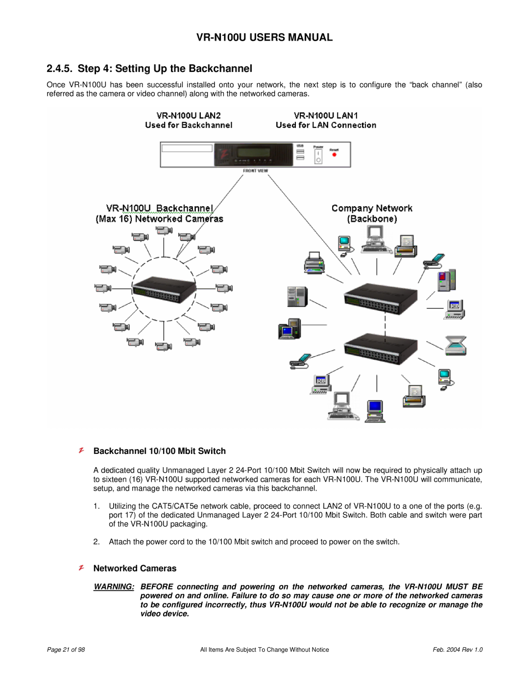 JVC VR-N100U user manual Setting Up the Backchannel, Backchannel 10/100 Mbit Switch, Networked Cameras 