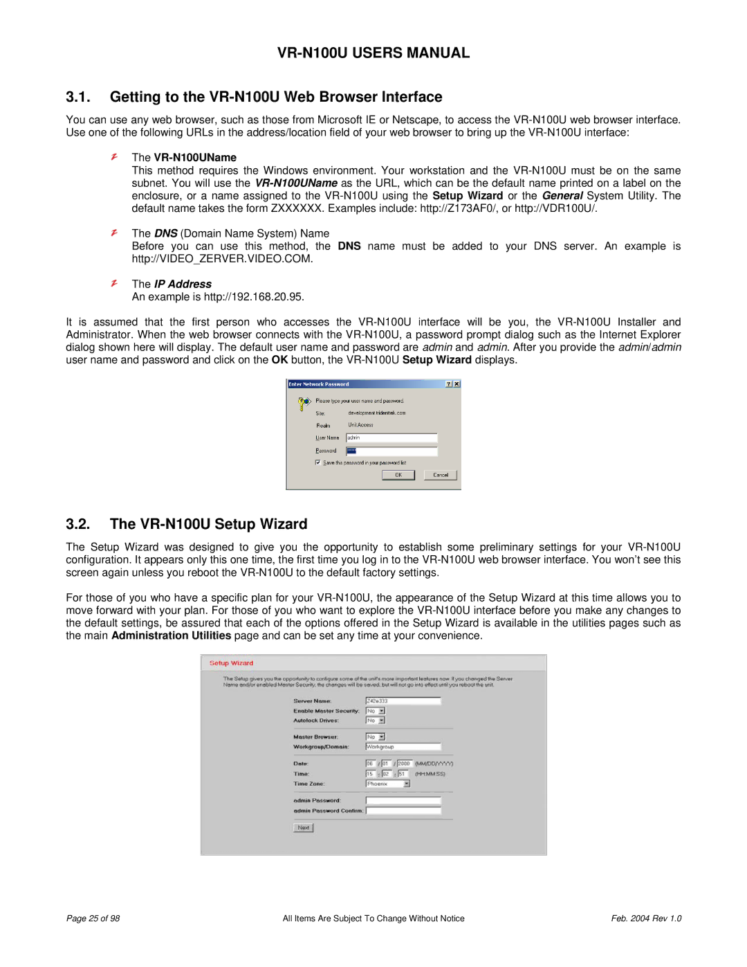 JVC user manual Getting to the VR-N100U Web Browser Interface, VR-N100U Setup Wizard, VR-N100UName 