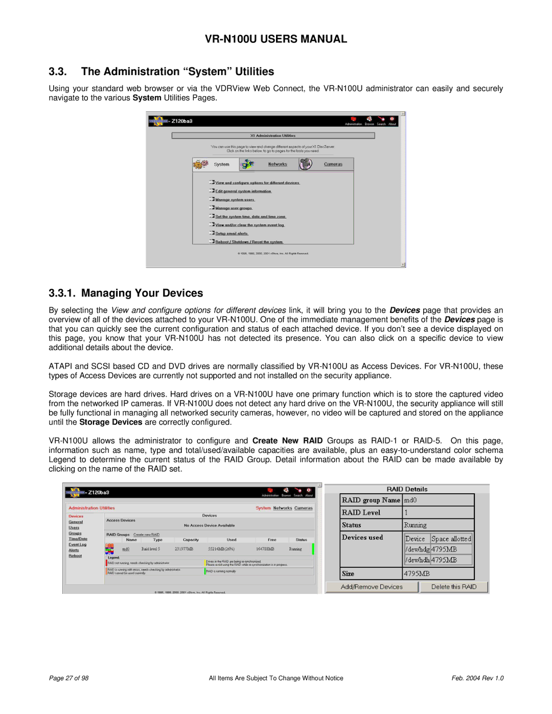 JVC VR-N100U user manual Administration System Utilities, Managing Your Devices 