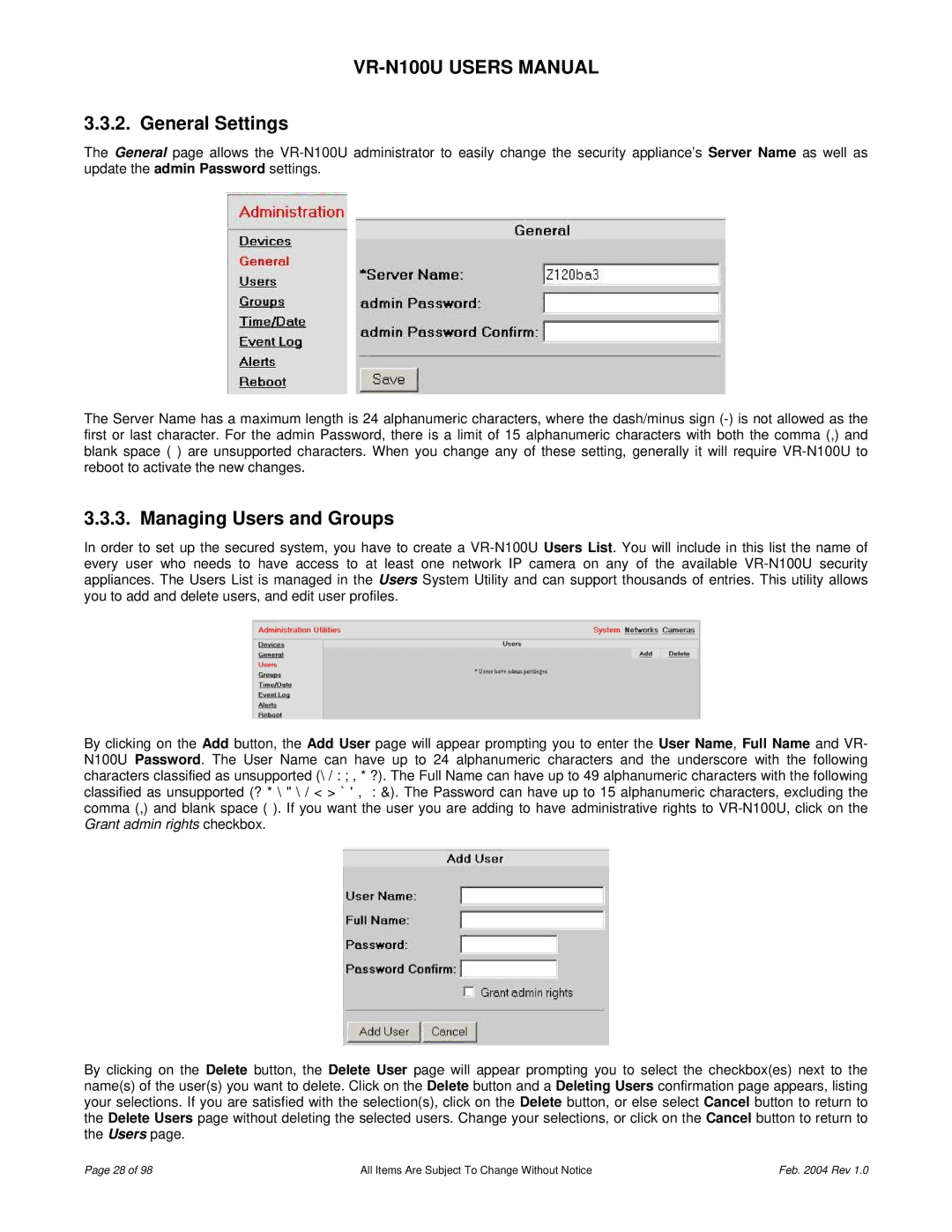 JVC VR-N100U user manual General Settings, Managing Users and Groups 