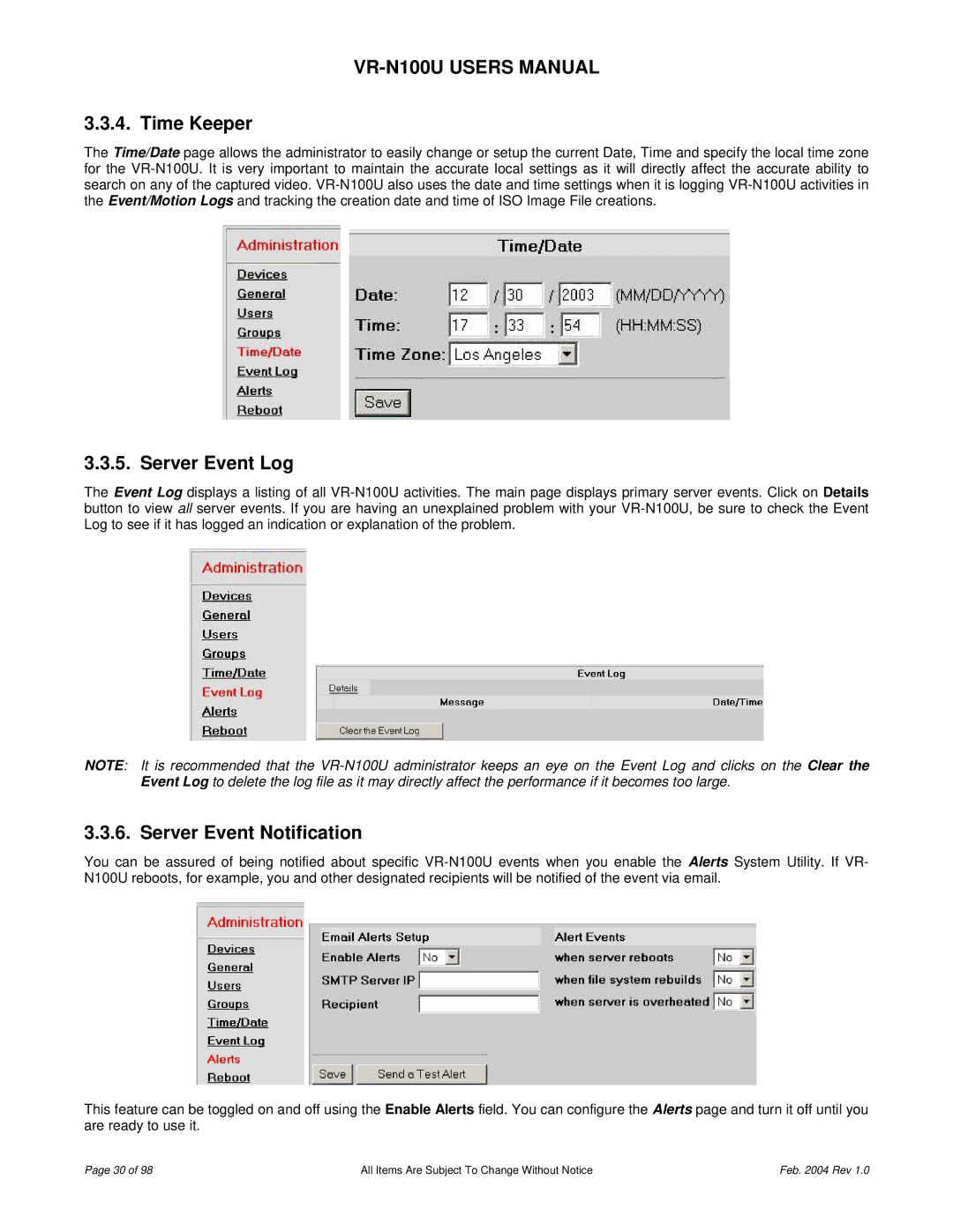 JVC VR-N100U user manual Time Keeper, Server Event Log, Server Event Notification 