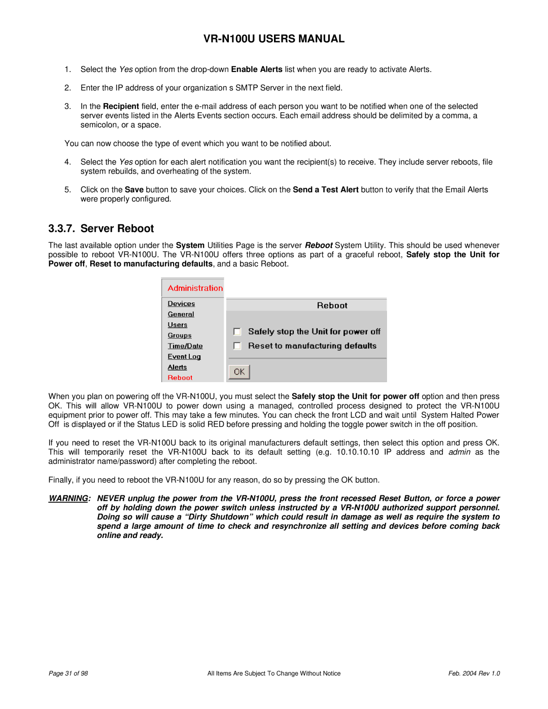 JVC VR-N100U user manual Server Reboot 