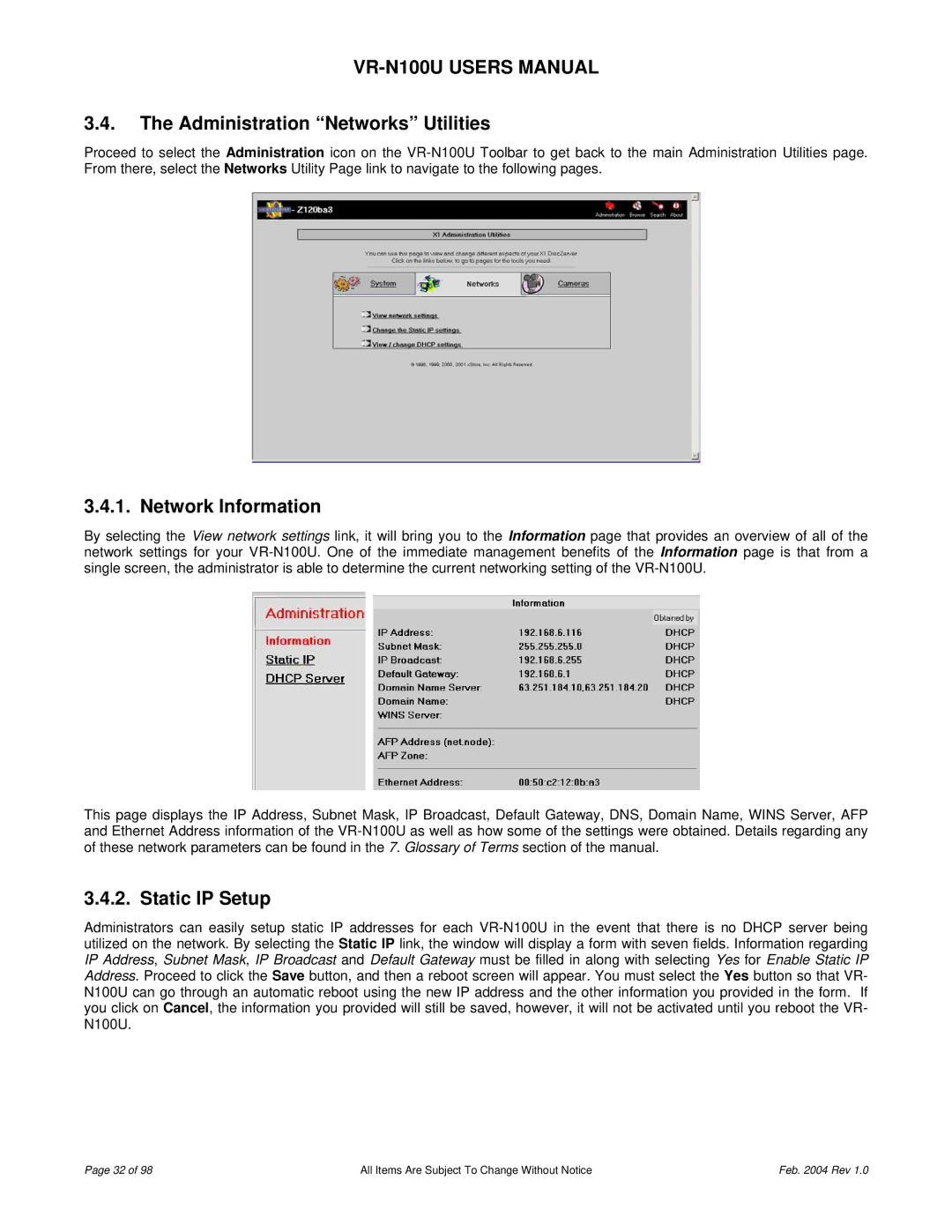 JVC VR-N100U user manual Administration Networks Utilities, Network Information, Static IP Setup 