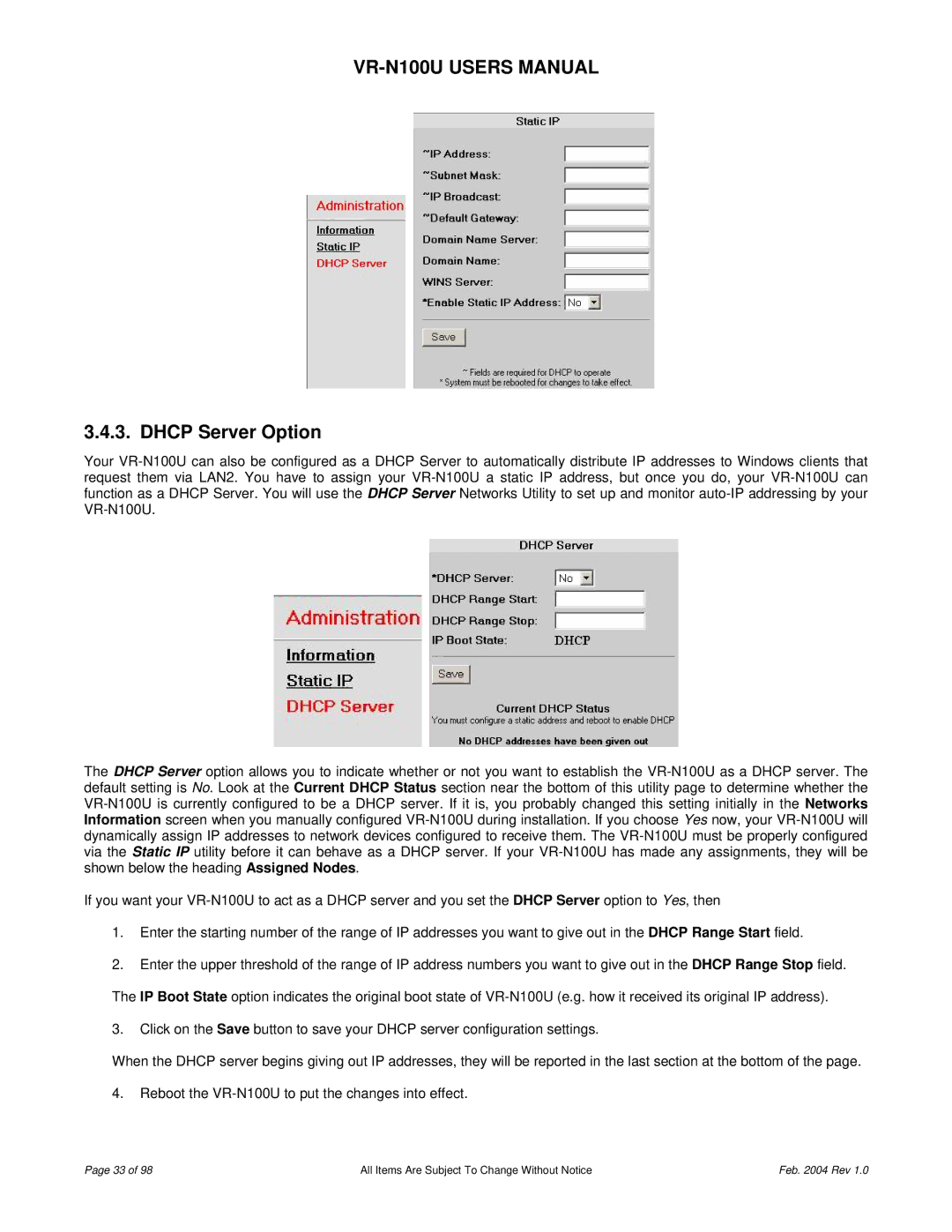 JVC VR-N100U user manual Dhcp Server Option 