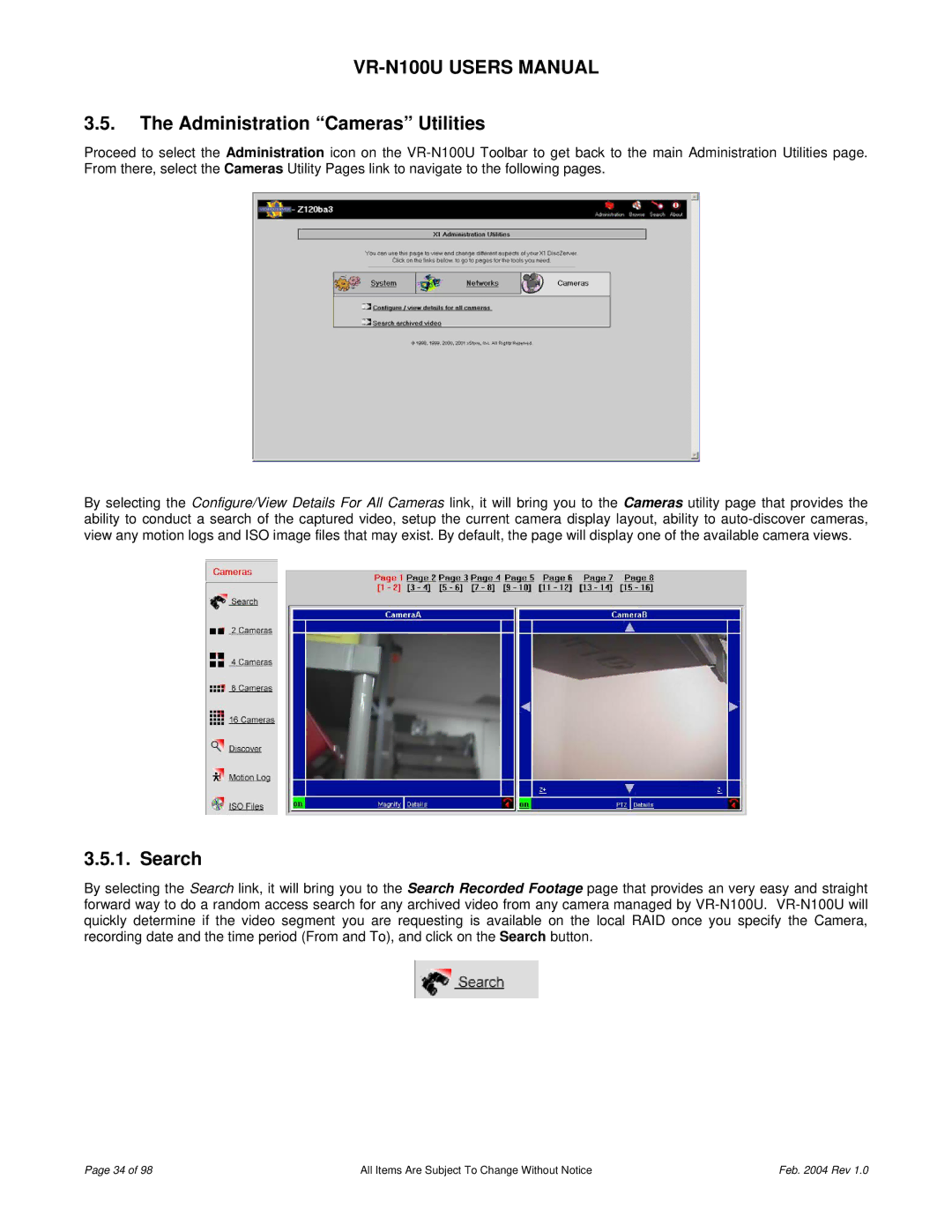 JVC VR-N100U user manual Administration Cameras Utilities, Search 