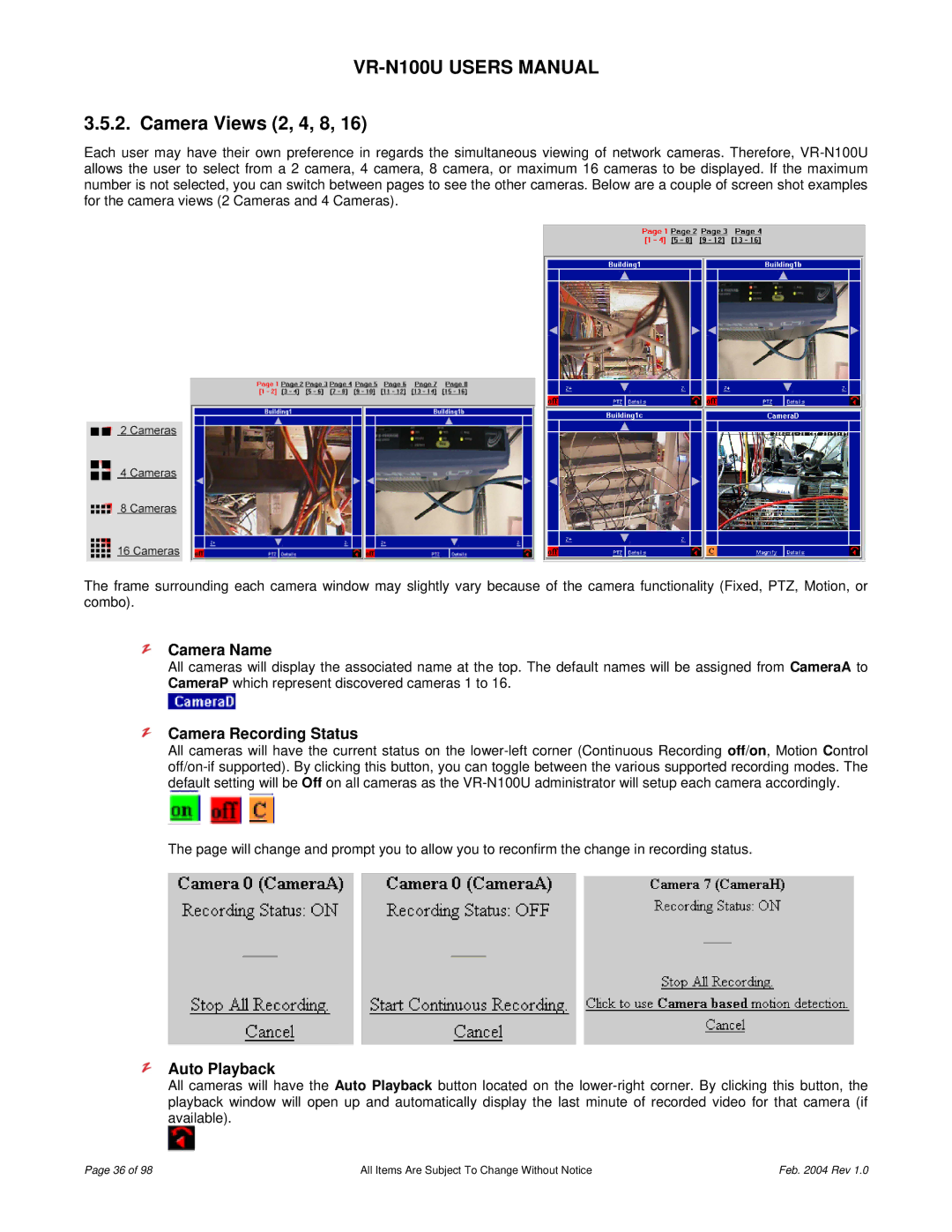 JVC VR-N100U user manual Camera Views 2, 4, 8, Camera Name, Camera Recording Status, Auto Playback 