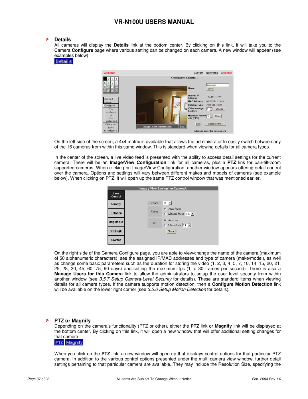 JVC VR-N100U user manual Details, PTZ or Magnify 