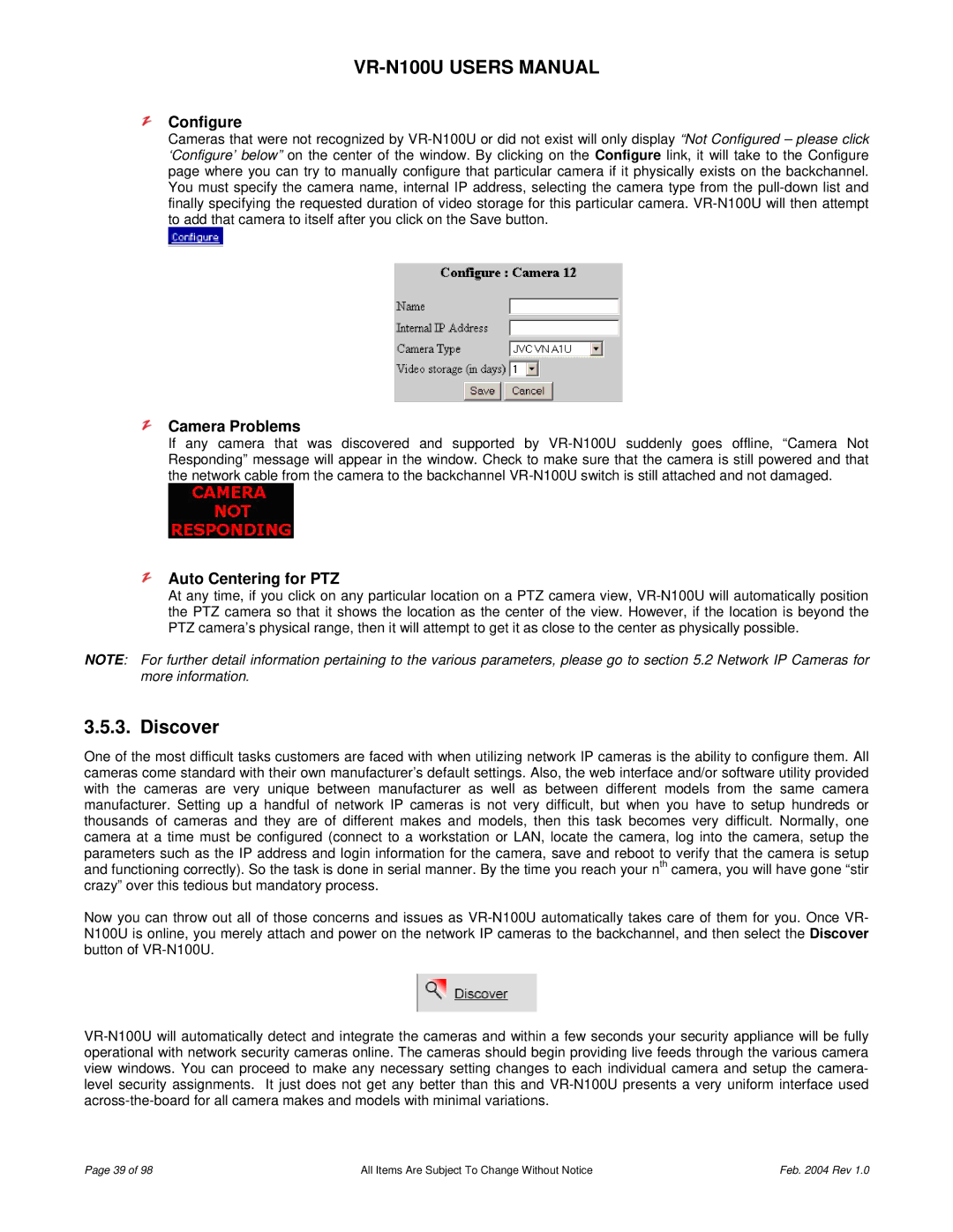 JVC VR-N100U user manual Discover, Configure, Camera Problems, Auto Centering for PTZ 