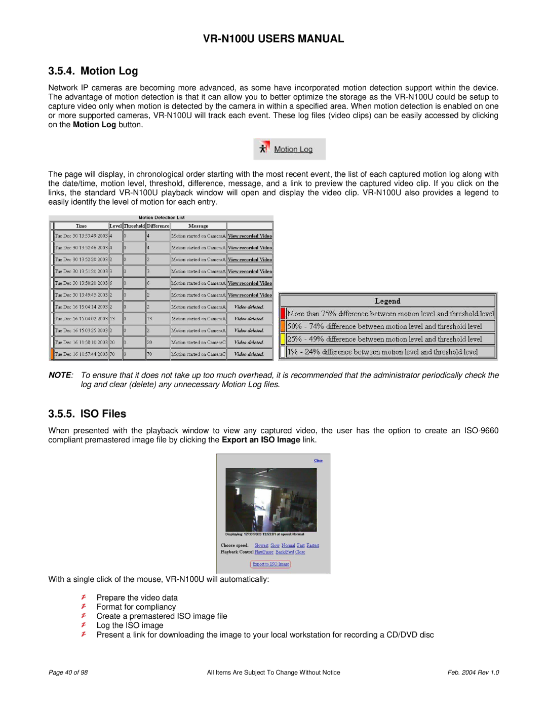 JVC VR-N100U user manual Motion Log, ISO Files 