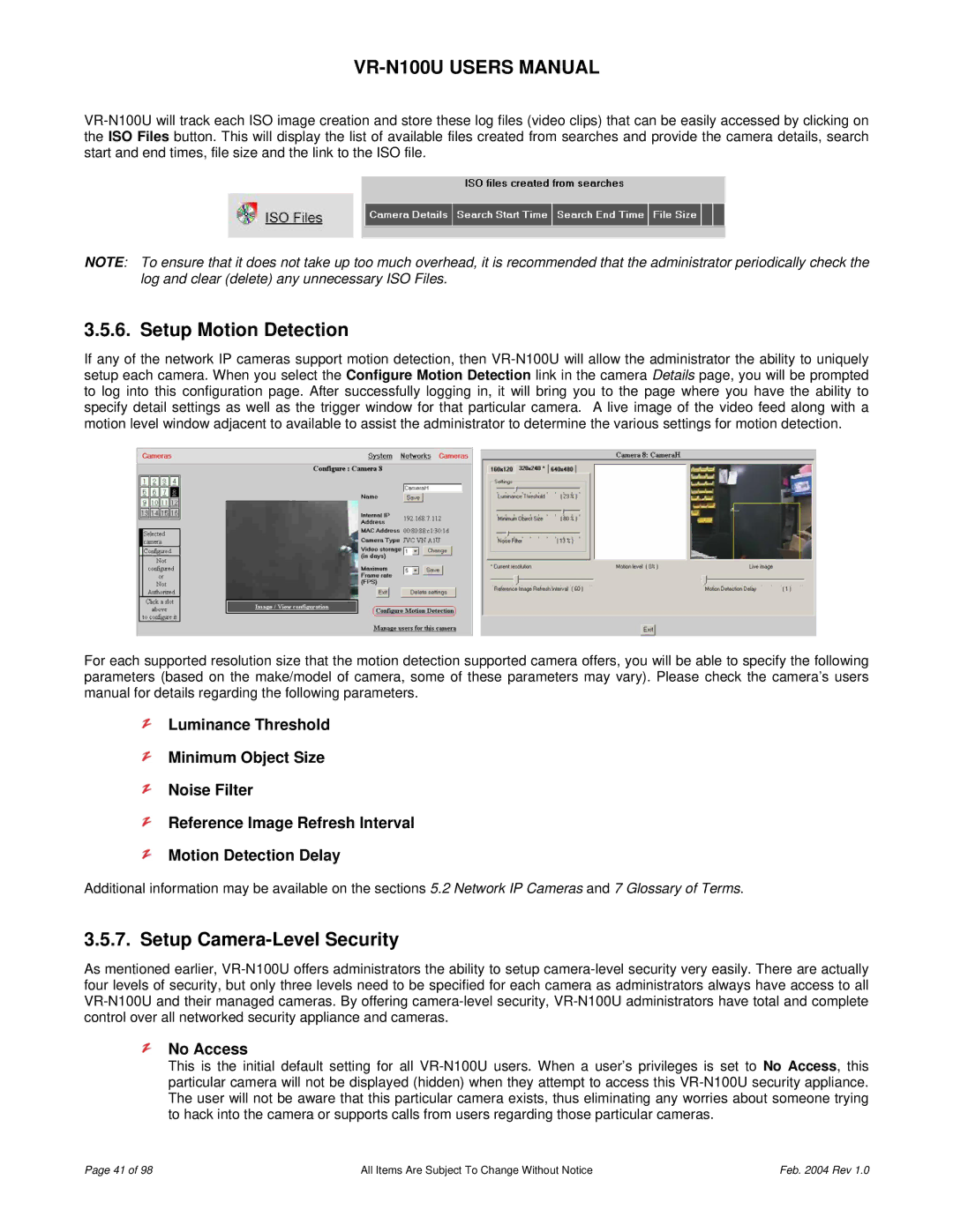 JVC VR-N100U user manual Setup Motion Detection, Setup Camera-Level Security, No Access 