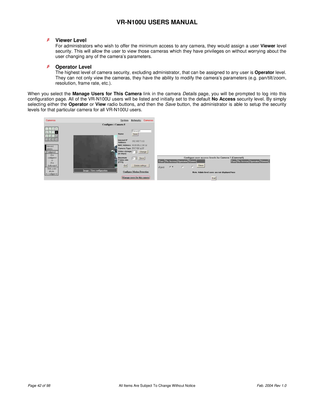 JVC VR-N100U user manual Viewer Level, Operator Level 