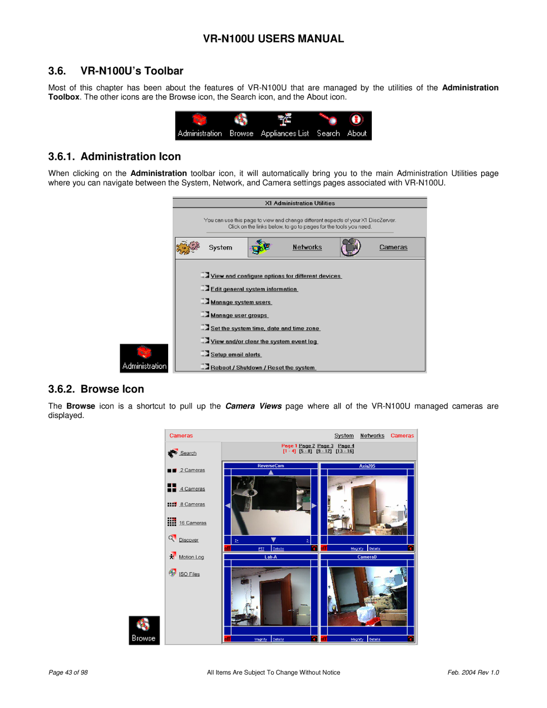 JVC user manual VR-N100U’s Toolbar, Administration Icon, Browse Icon 