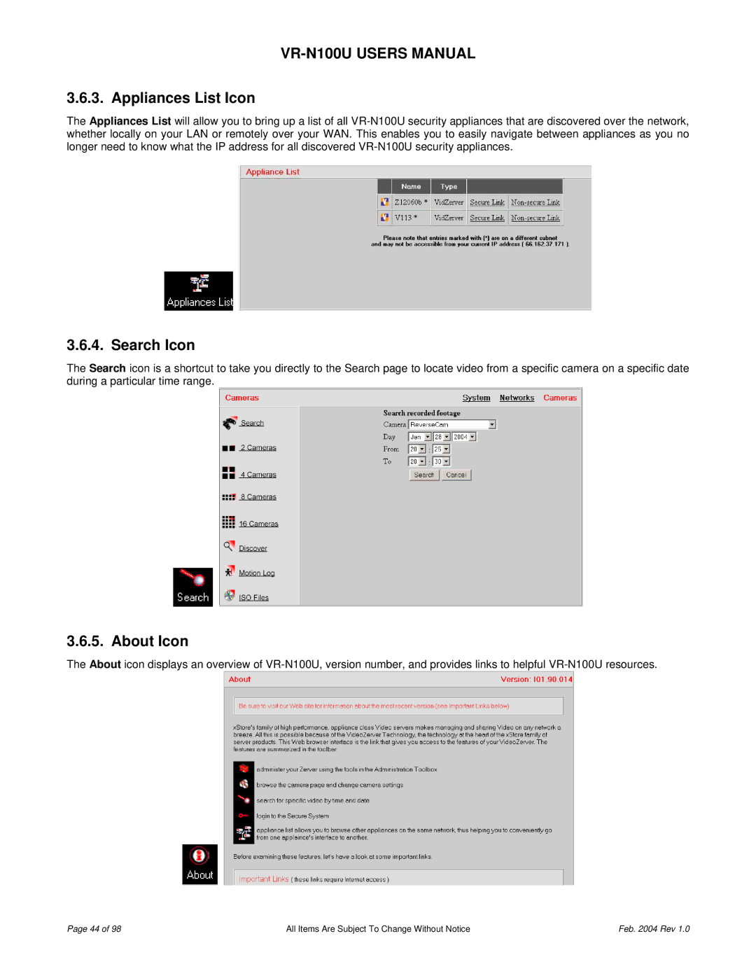 JVC VR-N100U user manual Appliances List Icon, Search Icon, About Icon 