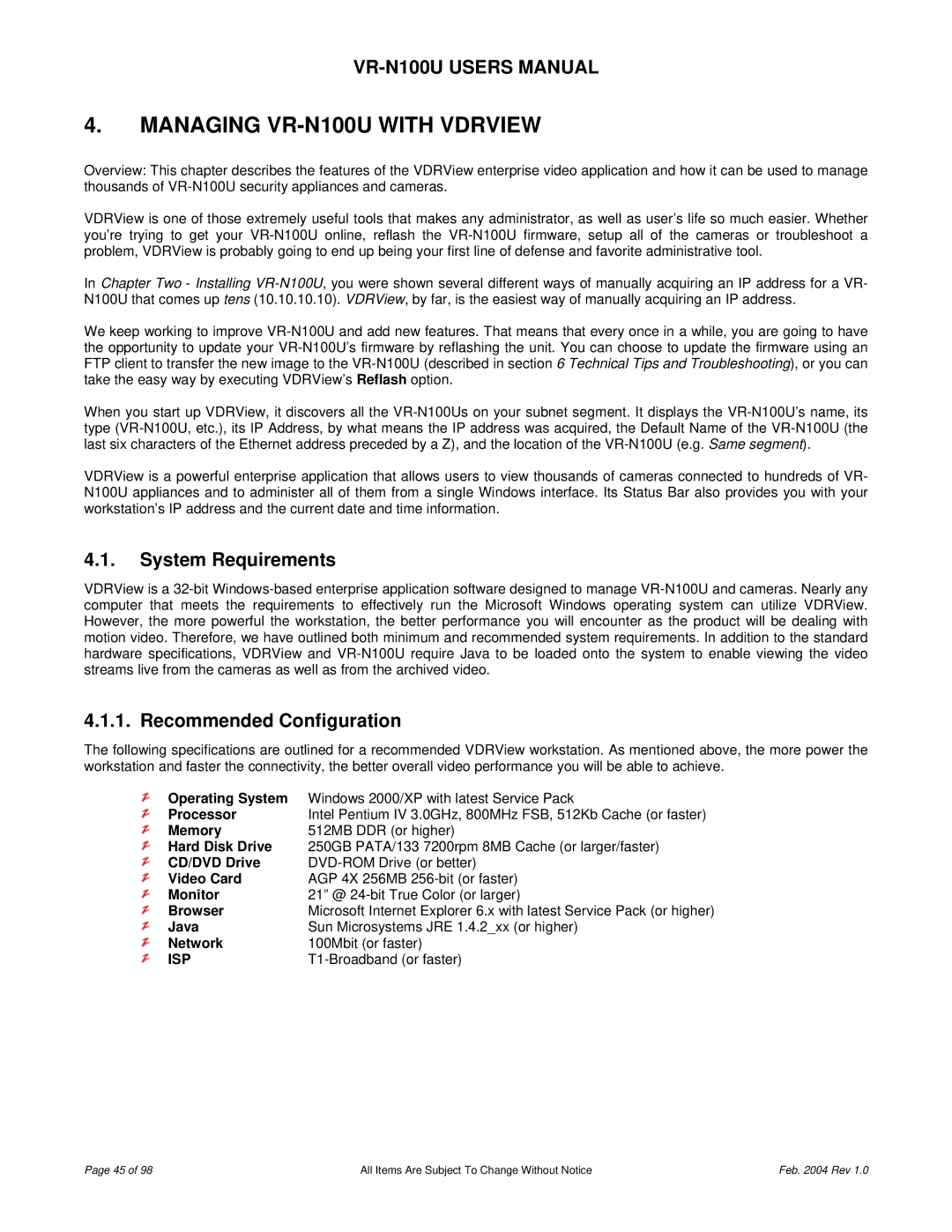 JVC user manual Managing VR-N100U with Vdrview, System Requirements, Recommended Configuration, Isp 