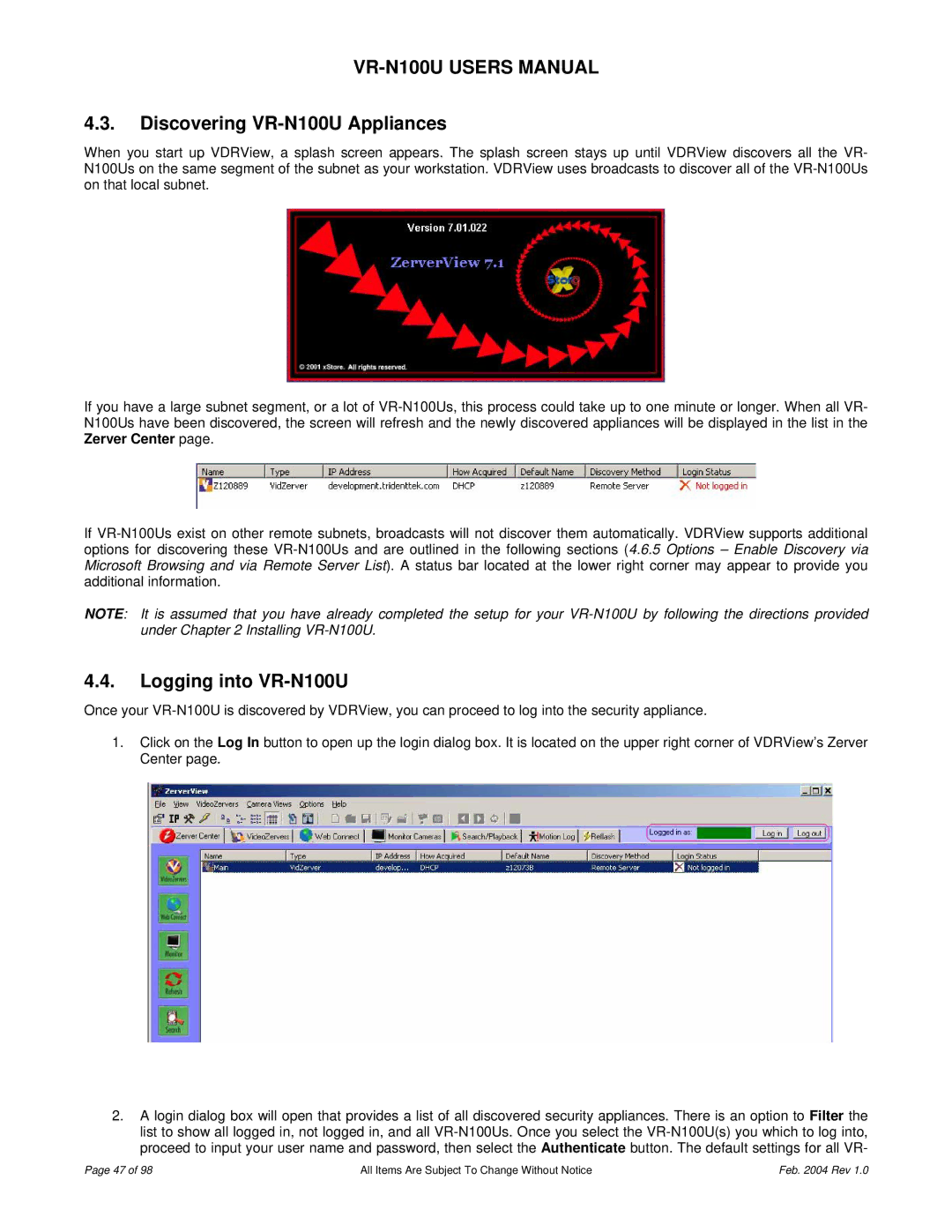 JVC user manual Discovering VR-N100U Appliances, Logging into VR-N100U 