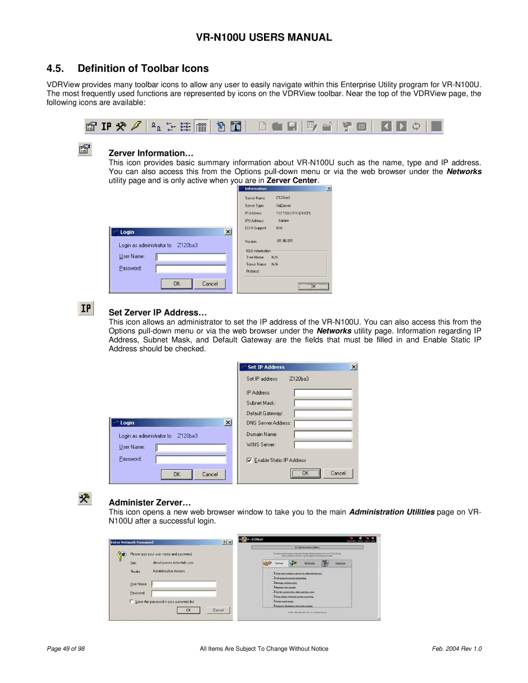 JVC VR-N100U user manual Definition of Toolbar Icons, Zerver Information…, Set Zerver IP Address…, Administer Zerver… 