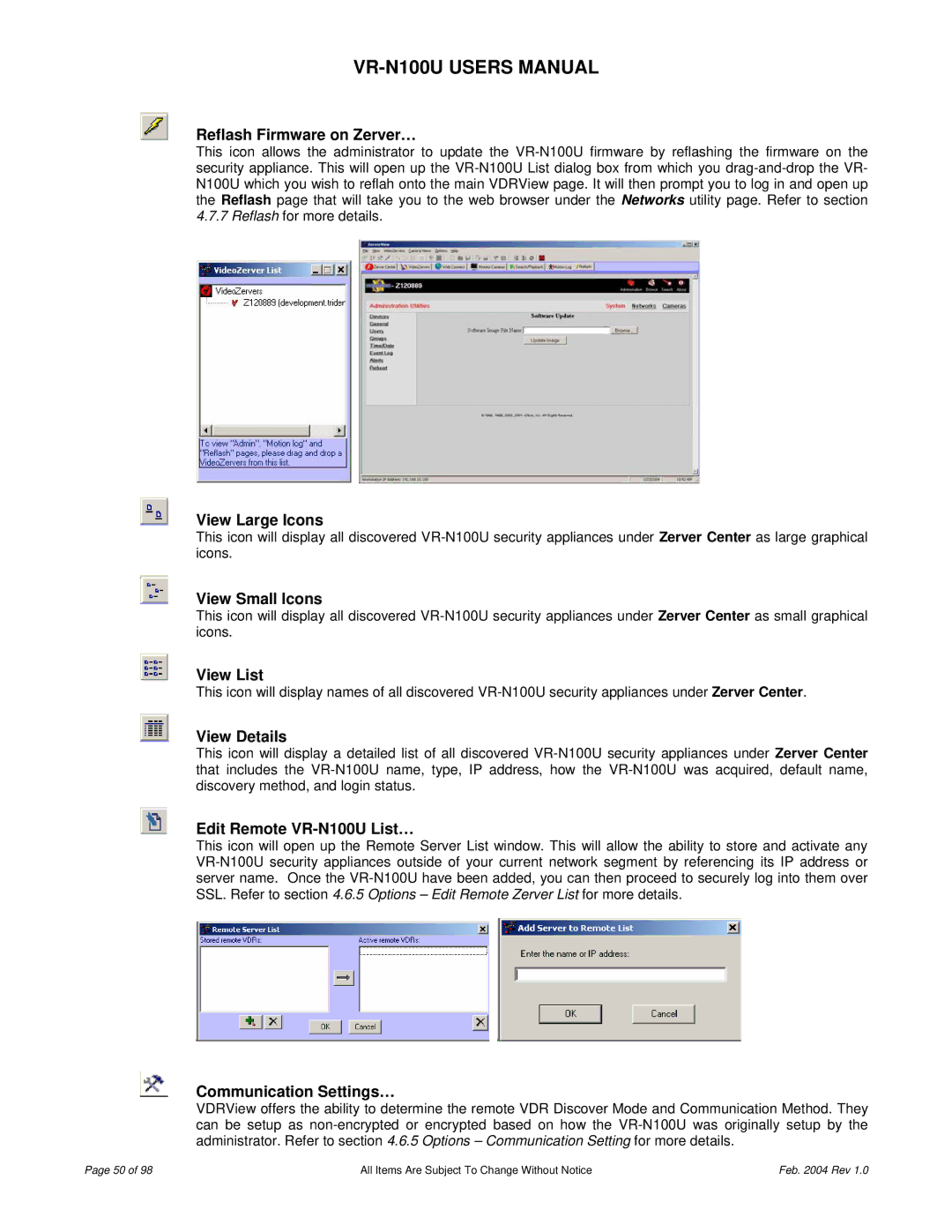 JVC VR-N100U user manual Reflash Firmware on Zerver…, View Large Icons, View Small Icons, View List, View Details 