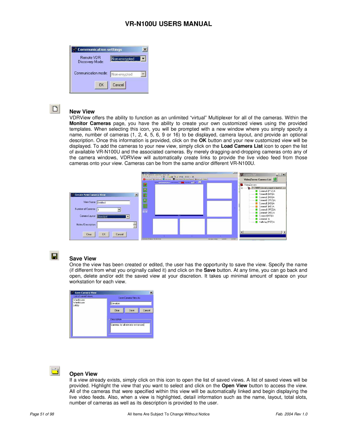 JVC VR-N100U user manual New View, Save View, Open View 