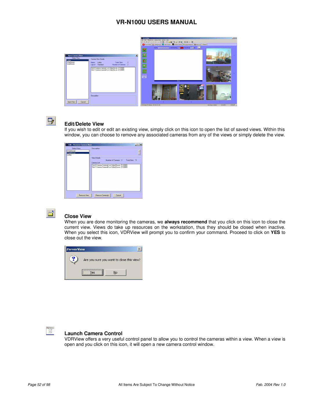 JVC VR-N100U user manual Edit/Delete View, Close View, Launch Camera Control 