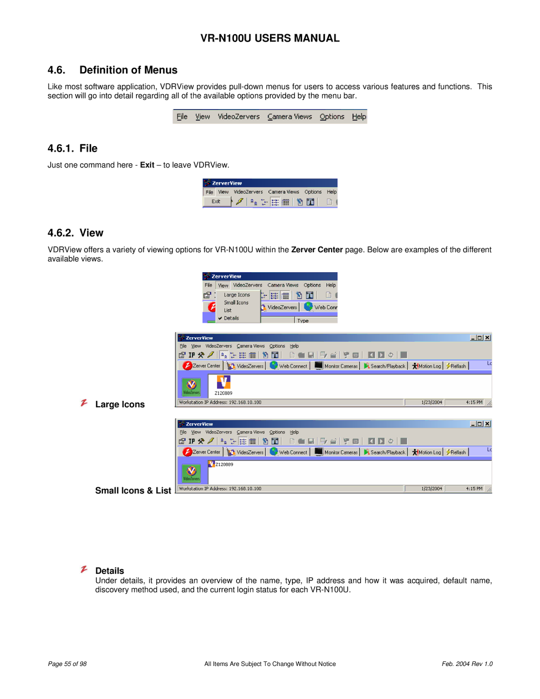 JVC VR-N100U user manual Definition of Menus, File, View, Large Icons Small Icons & List Details 