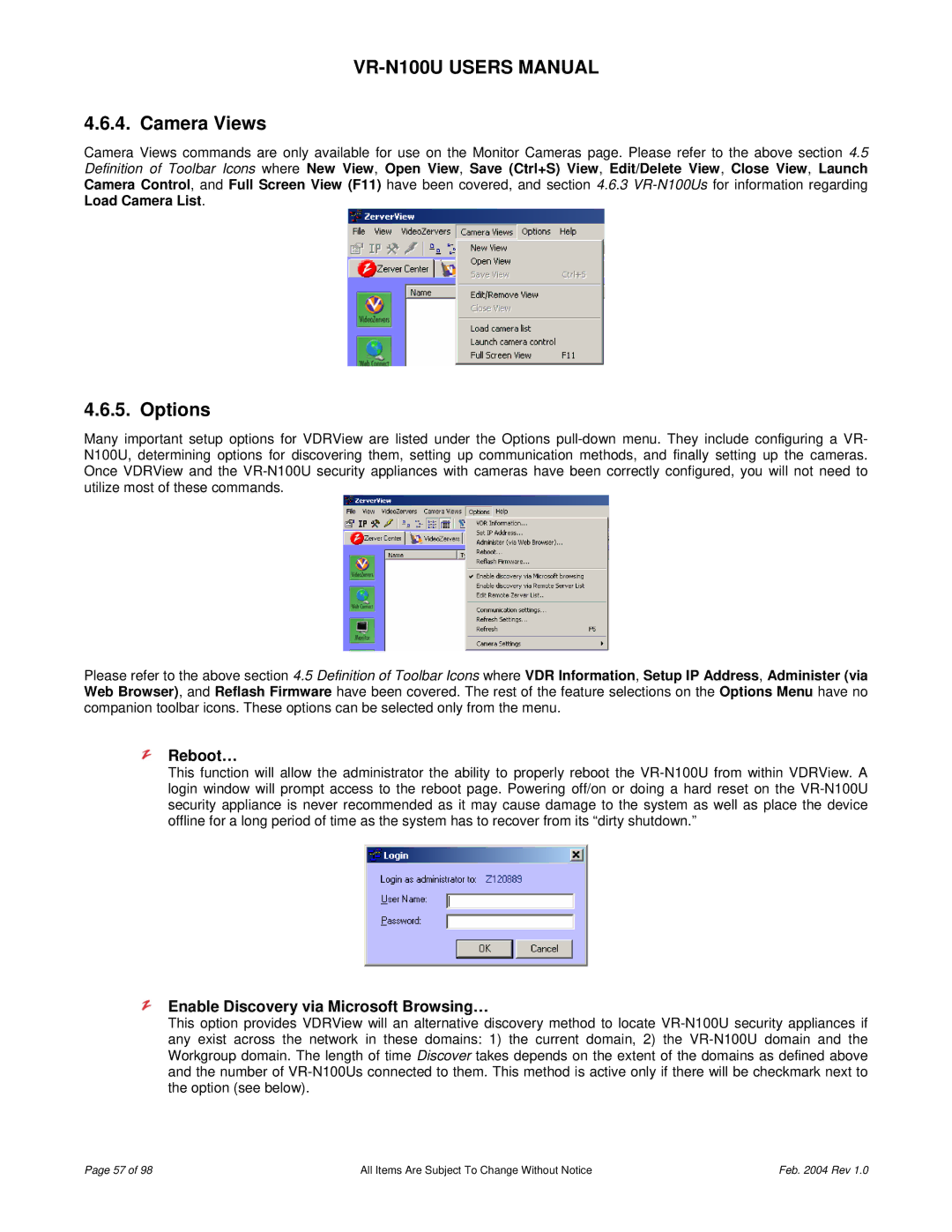 JVC VR-N100U user manual Camera Views, Options, Reboot…, Enable Discovery via Microsoft Browsing… 