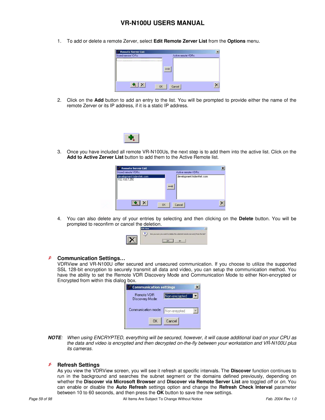 JVC VR-N100U user manual Communication Settings…, Refresh Settings 