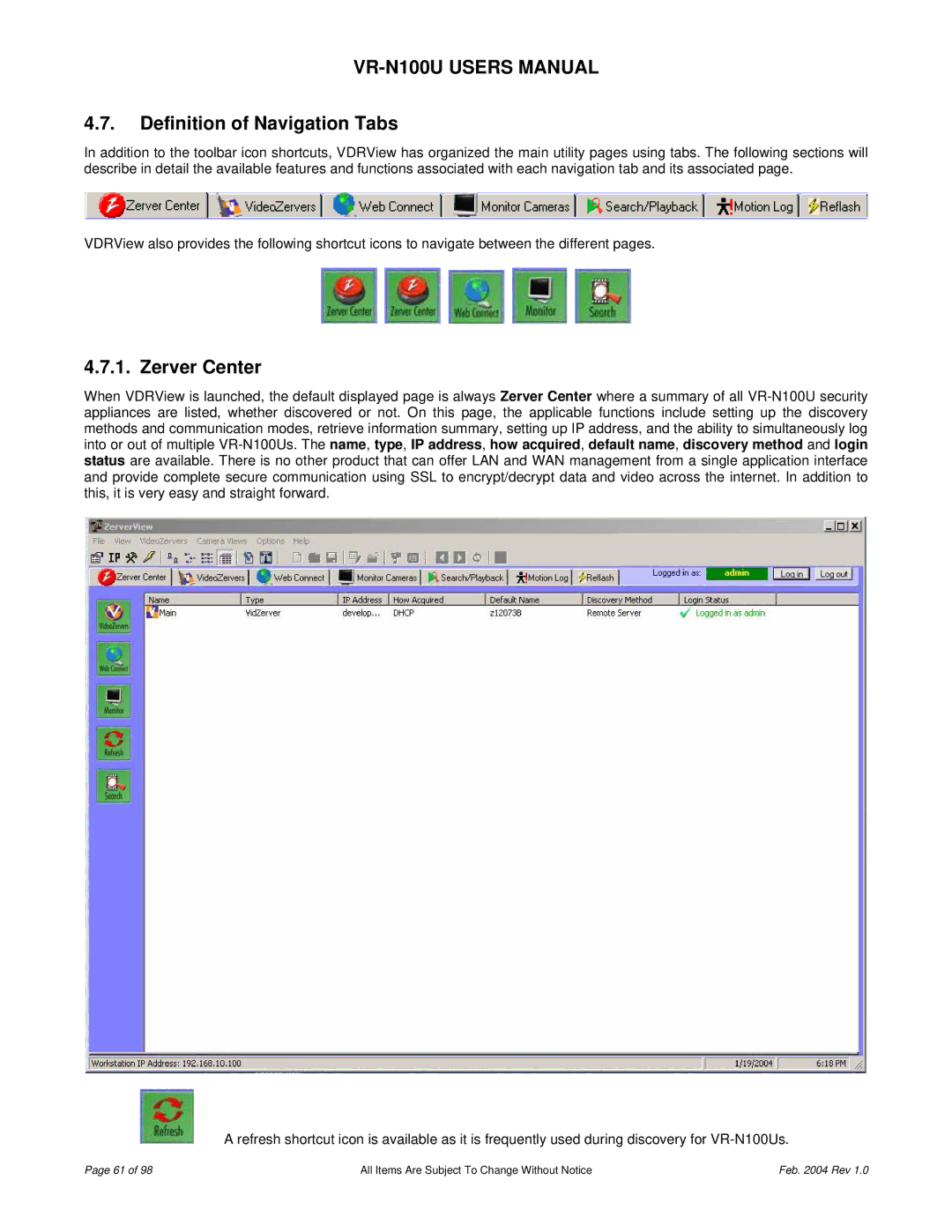 JVC VR-N100U user manual Definition of Navigation Tabs, Zerver Center 