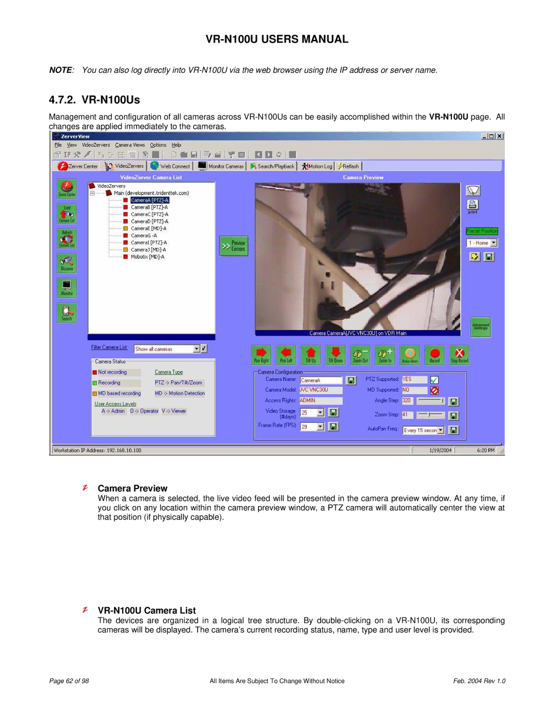 JVC user manual Camera Preview, VR-N100U Camera List 