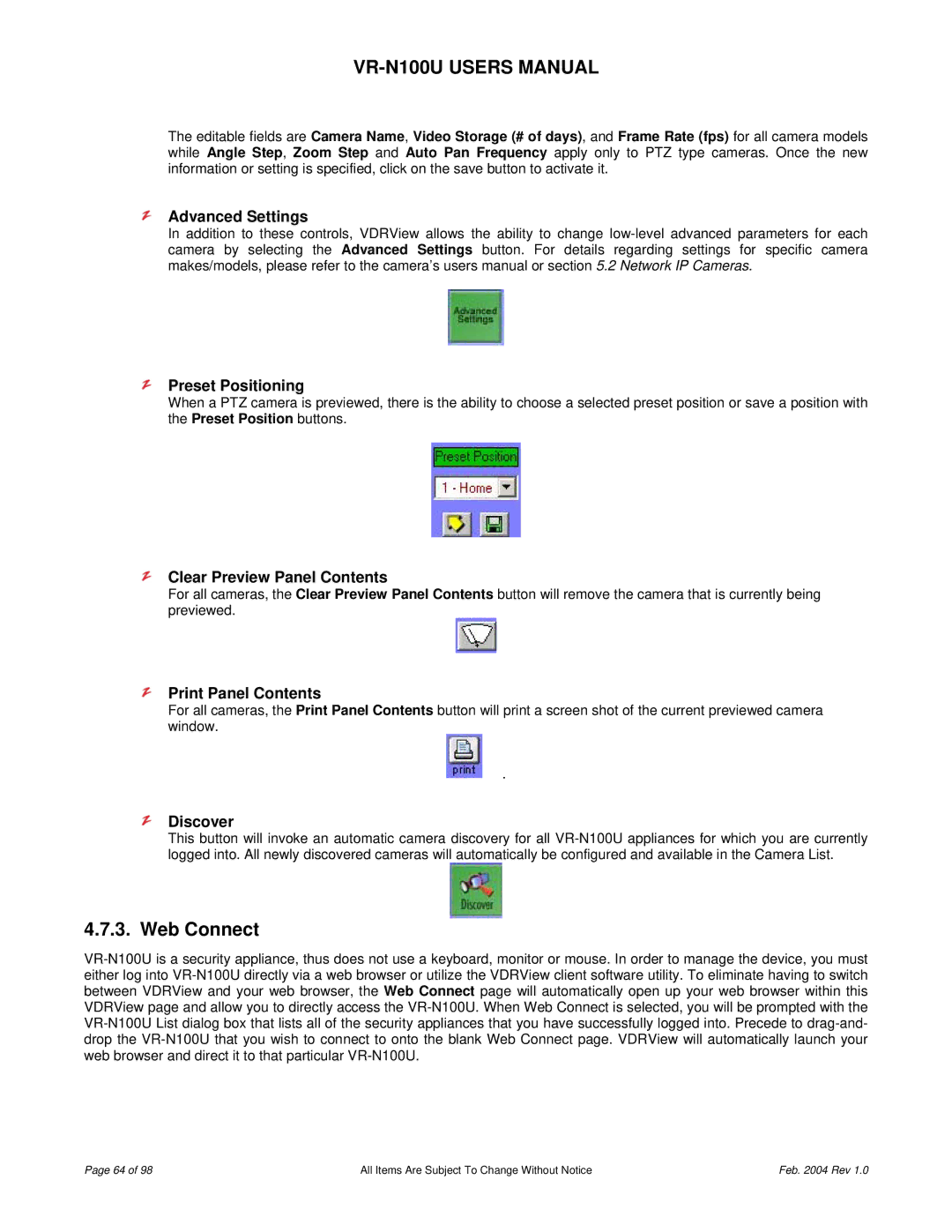 JVC VR-N100U Web Connect, Advanced Settings Preset Positioning, Clear Preview Panel Contents, Print Panel Contents 