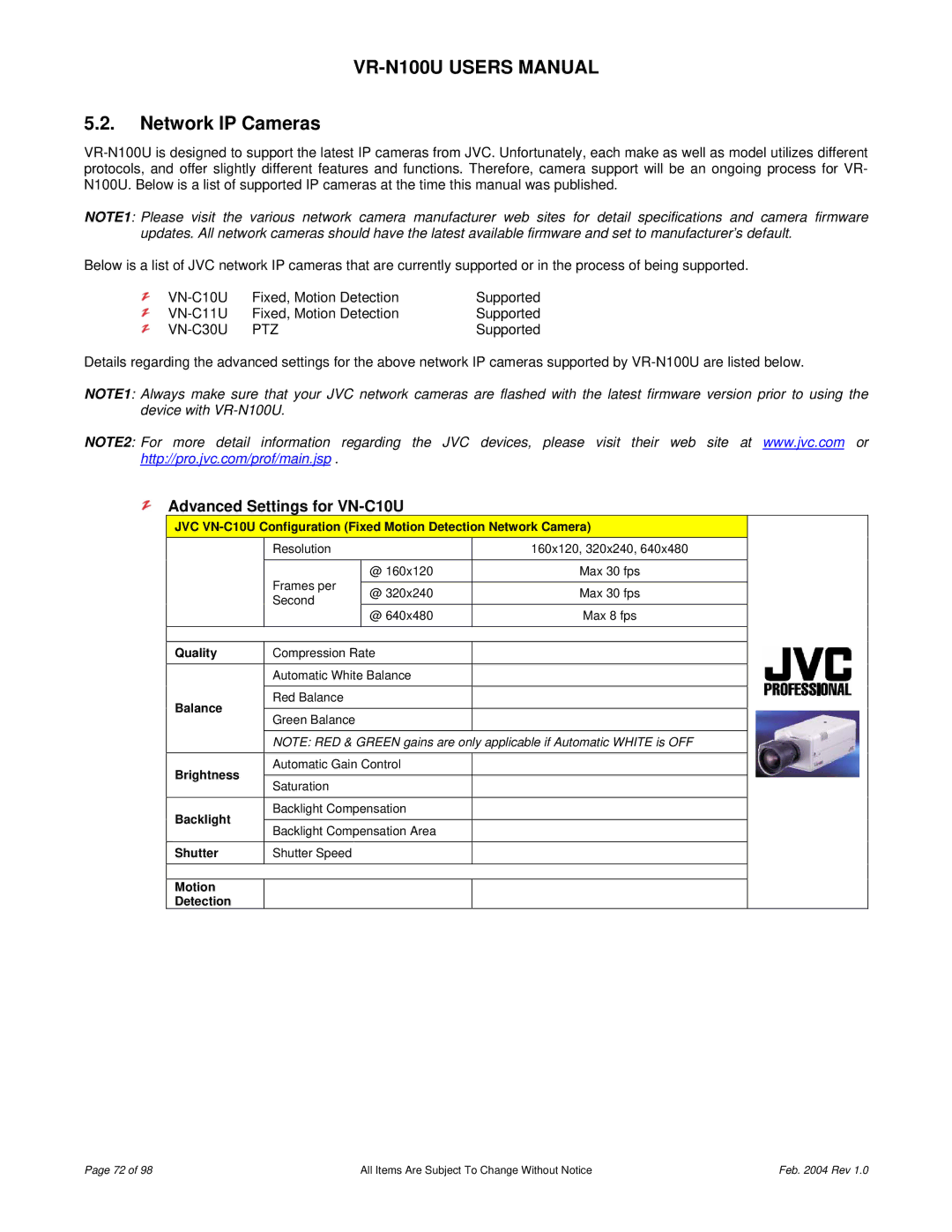 JVC VR-N100U user manual Network IP Cameras, Advanced Settings for VN-C10U 